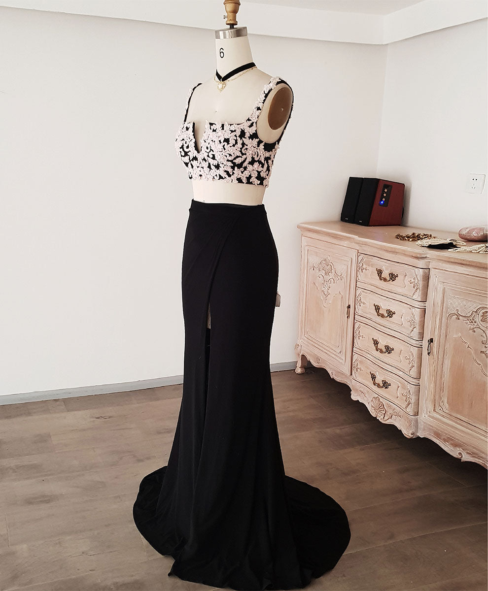 Elegant Black Lace Two-Piece Long Prom Dress with Beading - Formal Evening Gown for Homecoming, Wedding Guest & Special Occasions