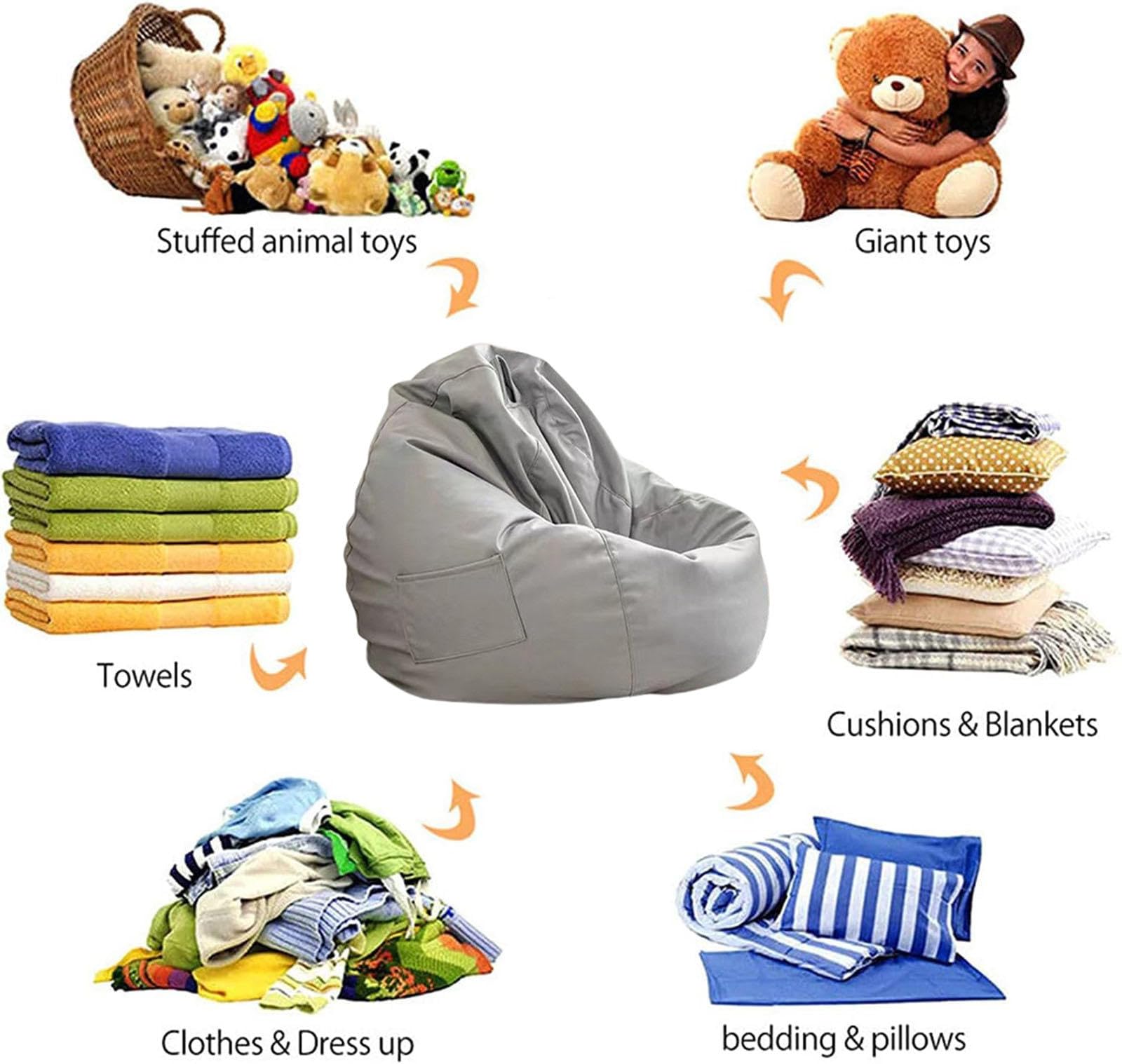 Premium Faux Leather Bean Bag Chair Cover - 100x110cm, Waterproof & Durable for Living Room, Outdoor, and Kids' Play Area - Perfect for Organizing Plush Toys and Relaxing