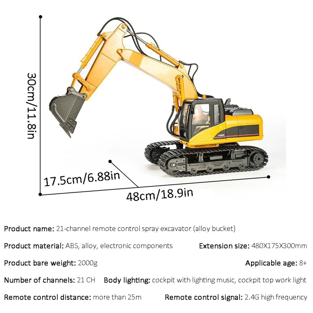 1:14 Scale RC Excavator for Adults - 21 Channel Fully Functional Remote Control Construction Vehicle with Metal Bucket, LED Lights & Realistic Sounds | 2 Batteries Included | Perfect for Construction Enthusiasts, Collectors & Outdoor Play