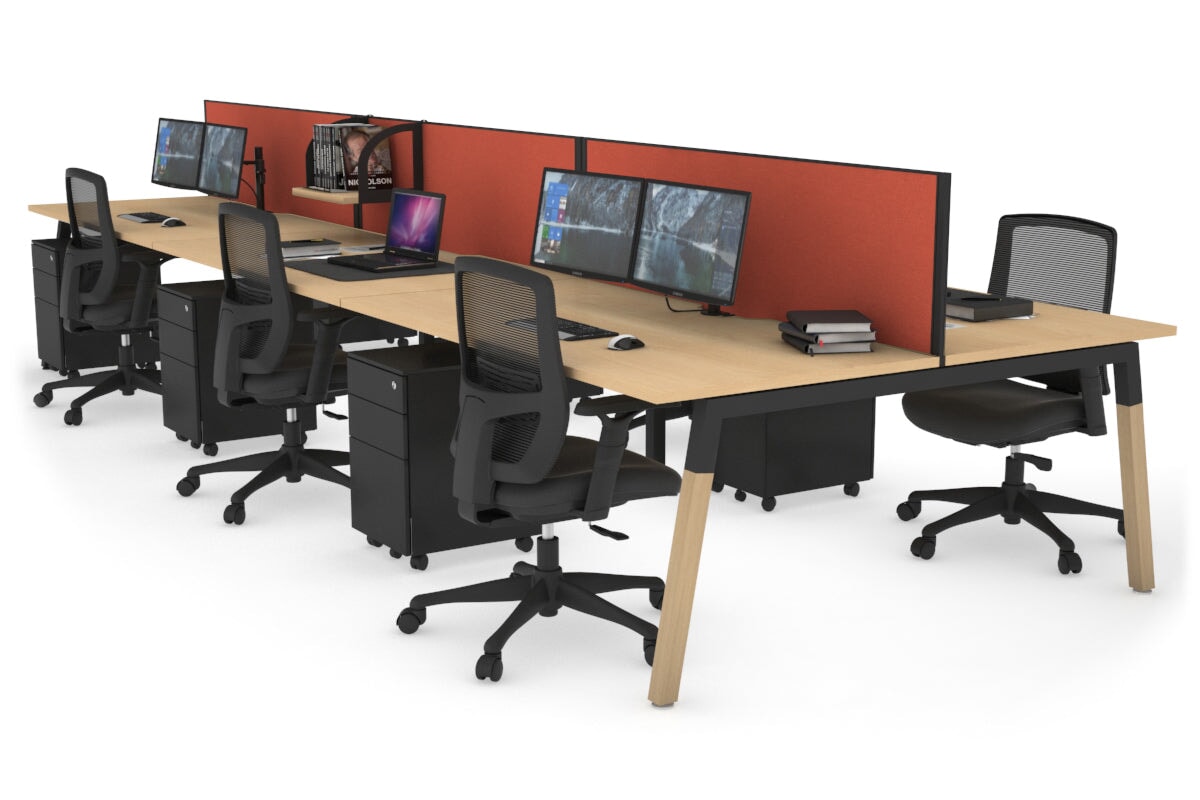 6-Person Office Workstation with Quadro A Legs & Wood Cross Beam - 1800L x 800W with Cable Management Scallop | Ideal for Collaborative Workspaces & Modern Offices