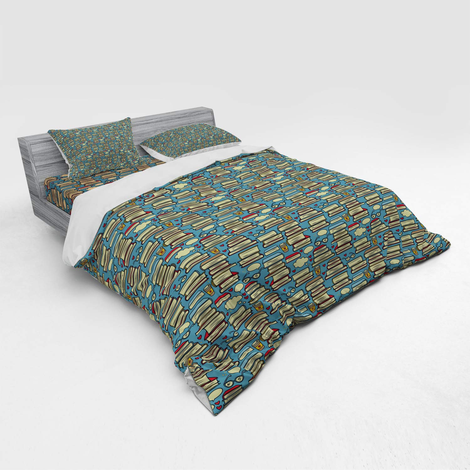Ambesonne Geek Bedding Set - 4 Piece King Size Duvet Cover with Pillow Shams & Fitted Sheet, Stack of Books Hearts Coffee Glasses Repeating Pattern - Perfect for Book Lovers, Nerds & Cozy Bedroom Decor