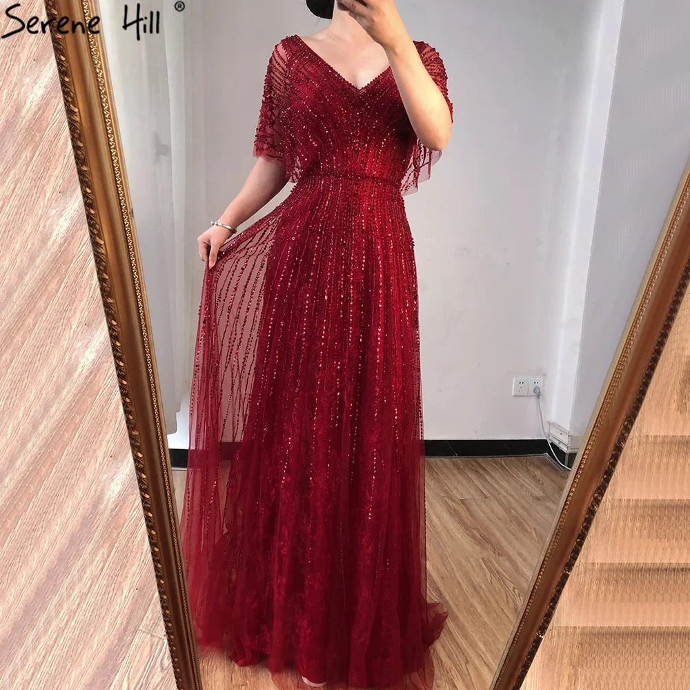 Luxury Dubai Red A-Line Elegant Evening Dresses with Half Sleeves & Beaded Details for Women - Wedding, Party & Special Occasion Wear 2025 | Serene Hill LA70458 | Perfect for Gala Events, Cocktail Parties & Formal Gatherings