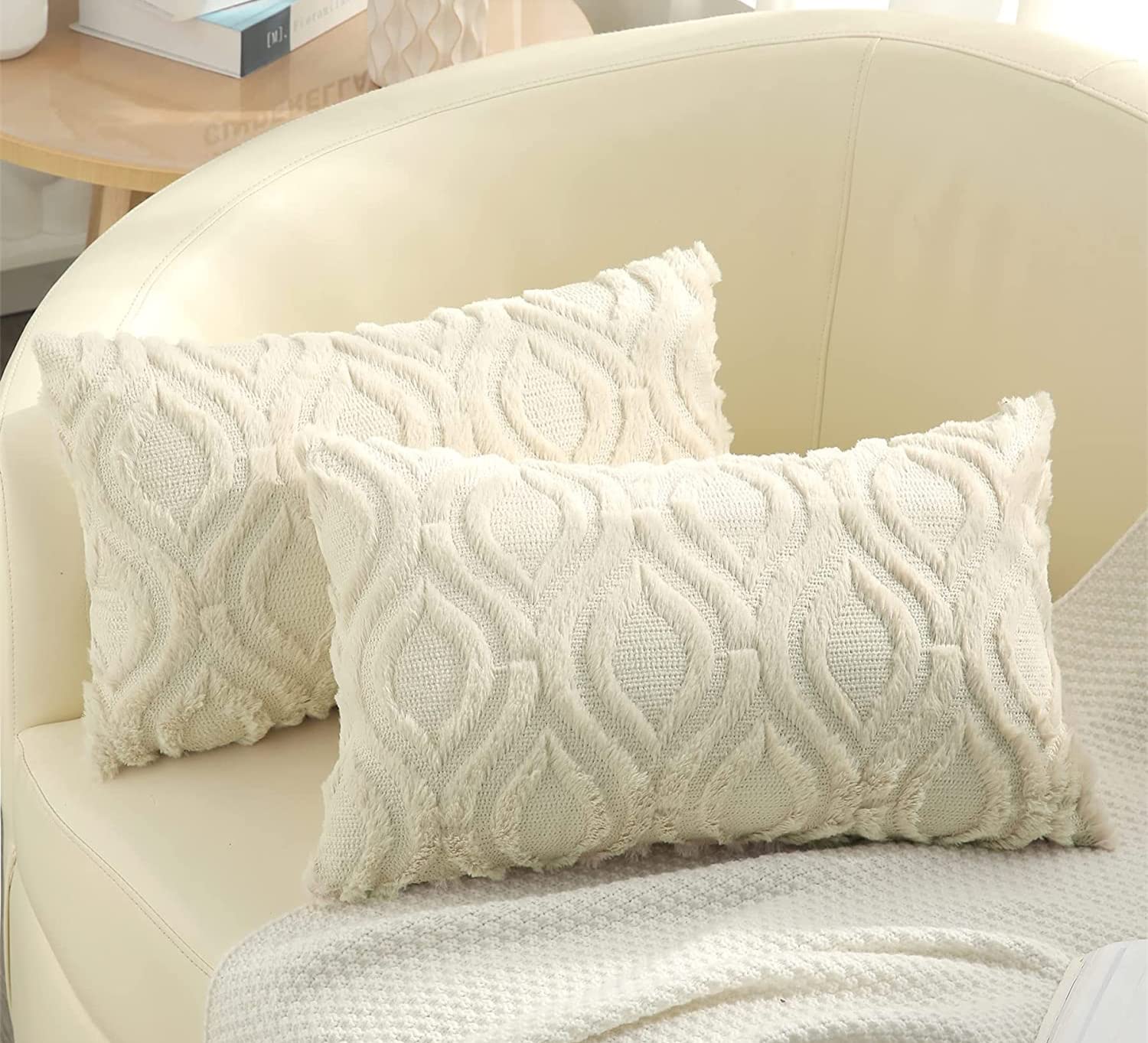decorUhome Soft Plush Faux Wool Decorative Throw Pillow Covers 12x20 Inches - Set of 2 Beige Lumbar Couch Pillows for Living Room, Bedroom & Sofa Decor