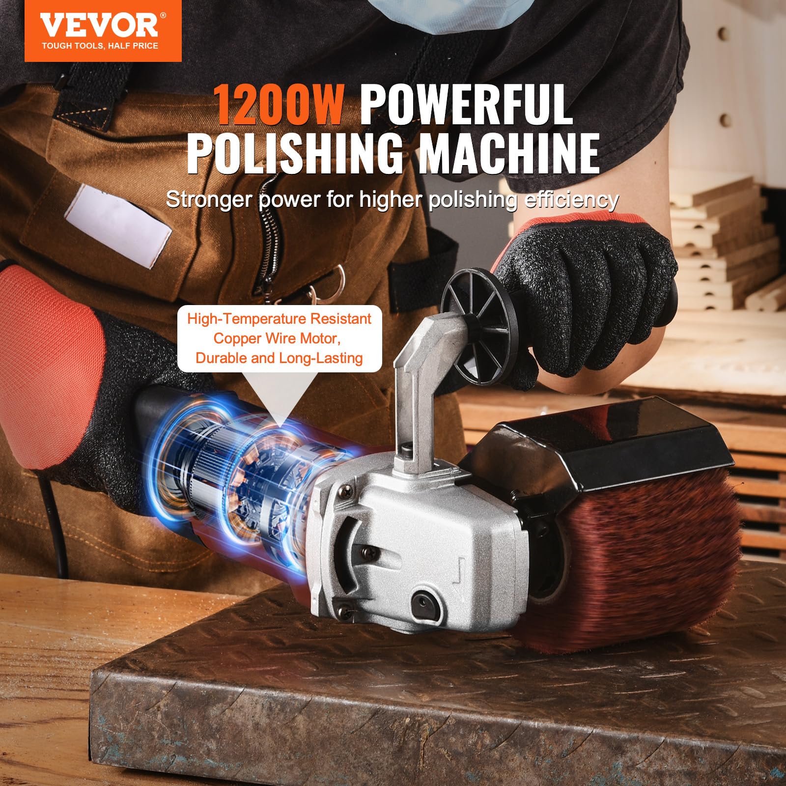 VEVOR 1200W Variable Speed Handheld Electric Metal Burnishing Polishing Machine with 4 Fiber Wheels - Professional Surface Conditioning Tool for Stainless Steel & Non-Ferrous Metals - Perfect for Metal Restoration, Automotive Detailing & DIY Projects