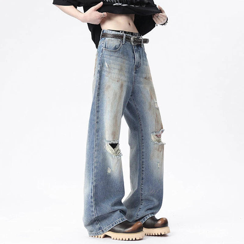 American Men's Distressed Denim Pants - High Street Fashion Straight Wide Leg Jeans with Hole Design (Style 9W1671) | Casual Wear, Street Style & Everyday Outfits