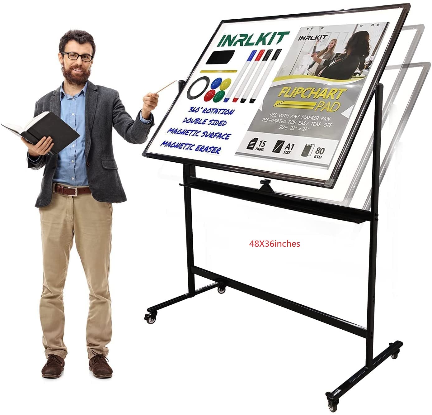 INRLKIT 48x36 Inch Mobile Whiteboard with Stand - Adjustable Height Reversible Double Sided Magnetic Dry Erase Board on Wheels for Home Office, School & Classroom - Includes Flip Chart, Markers, Eraser & Accessories (Black) - Perfect for Presentations, Brainstorming & Teaching