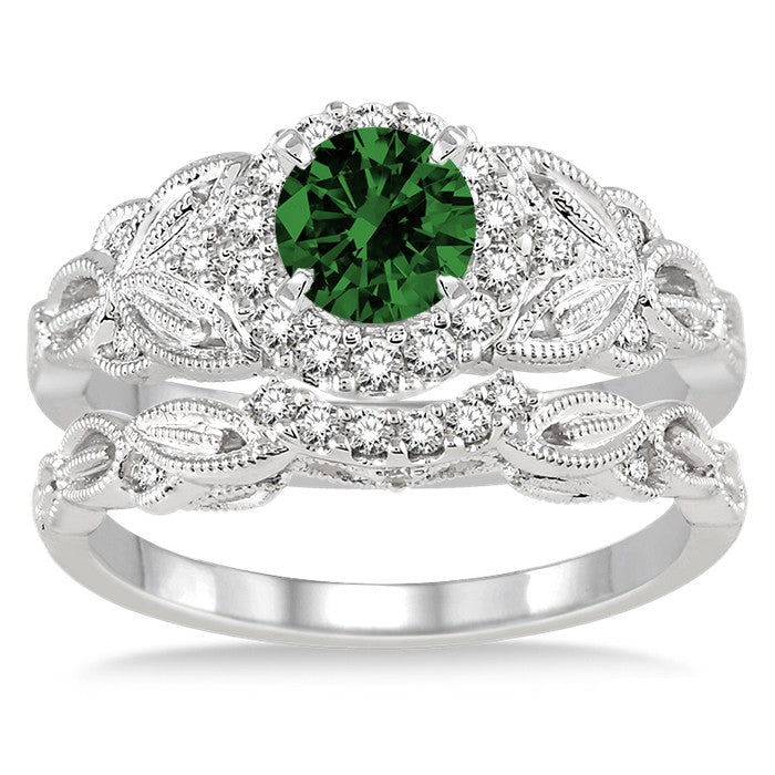 1.25 Carat Emerald Vintage Floral Bridal Set Engagement Ring in 10K White Gold – Perfect for Weddings, Anniversaries & Romantic Proposals
