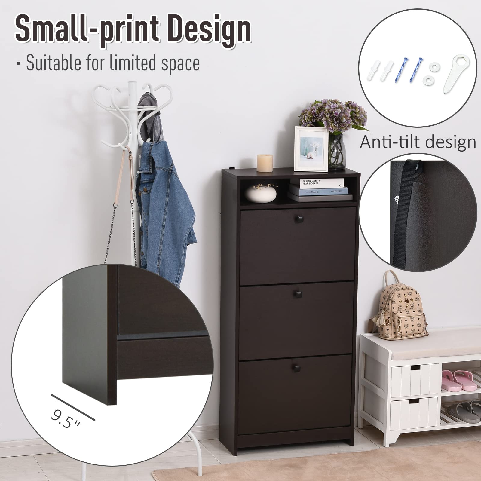 HOMCOM Slim Shoe Storage Cabinet with 3 Large Fold-Out Drawers & Spacious Top Surface - Modern Espresso Shoe Organizer for Entryway, Closet, or Bedroom - Perfect for Small Space Shoe Storage & Home Organization