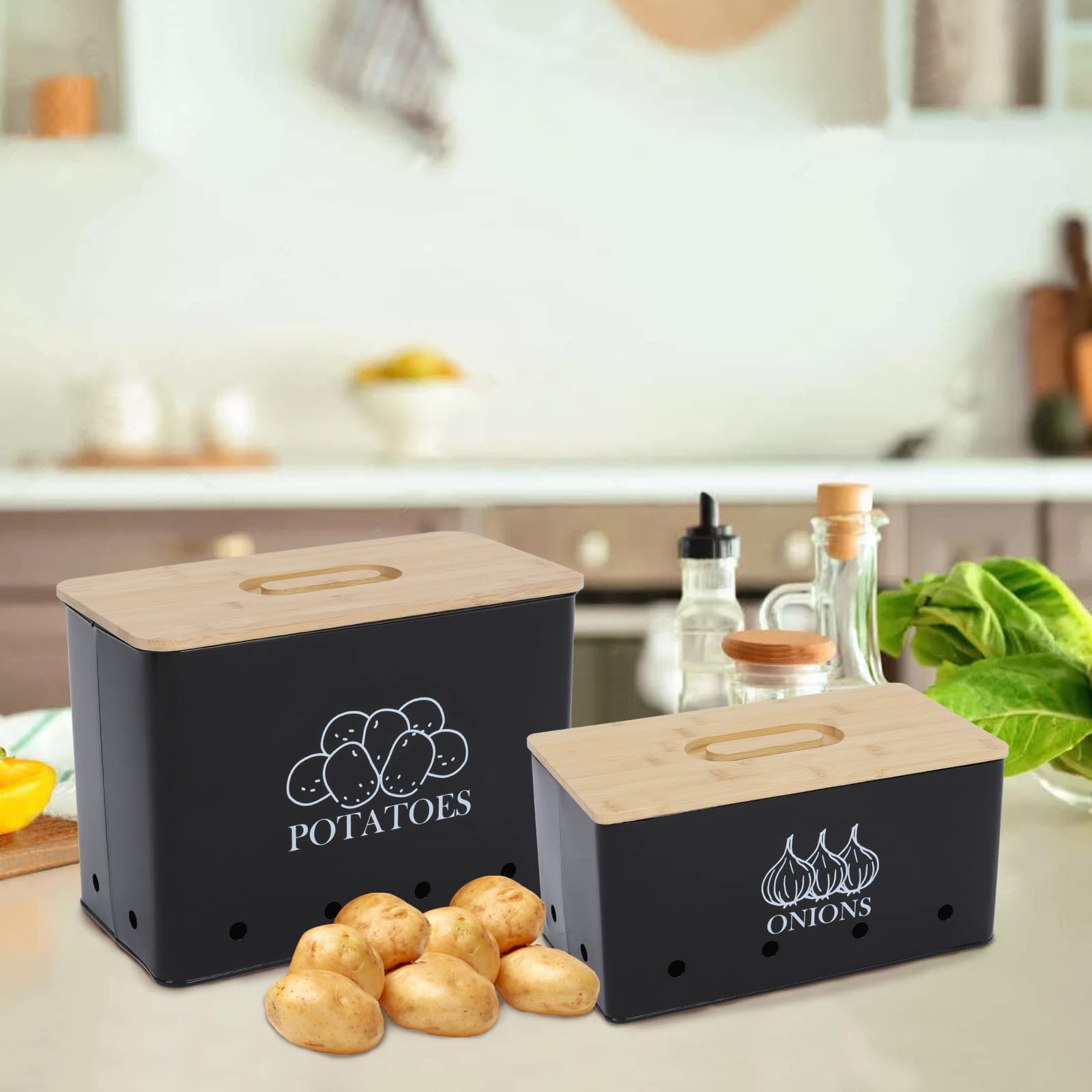 Potato and Onion Storage Box Set of 2 - Airtight Food Containers with Bamboo Lid & Ventilation Holes - Kitchen Vegetable Storage Canisters for Freshness - Perfect for Pantry, Countertop, or Fridge Organization