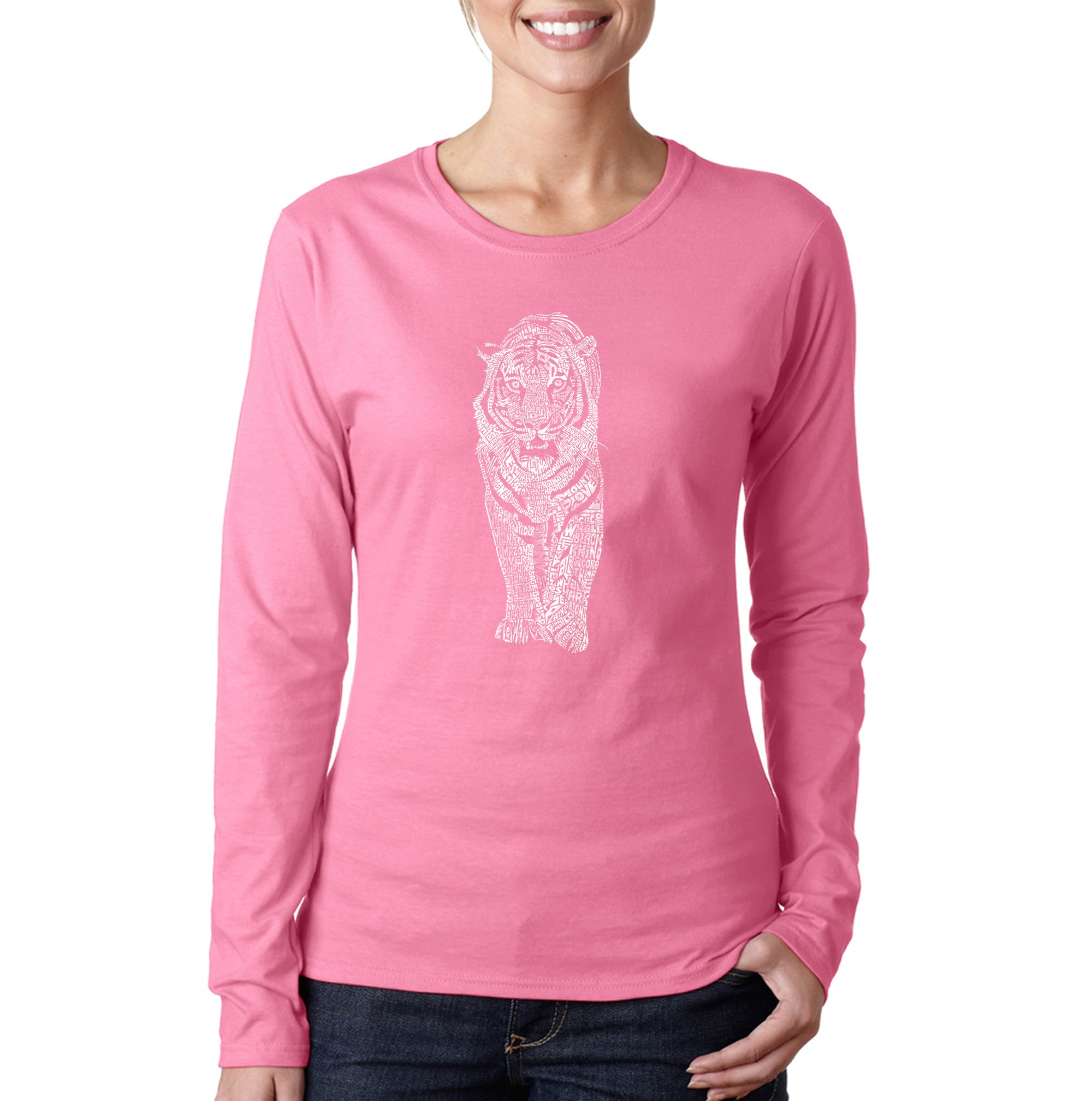 LA POP ART Women's Word Art Graphic Long Sleeve T-Shirt - Tiger Print Casual Tee for Streetwear & Everyday Fashion