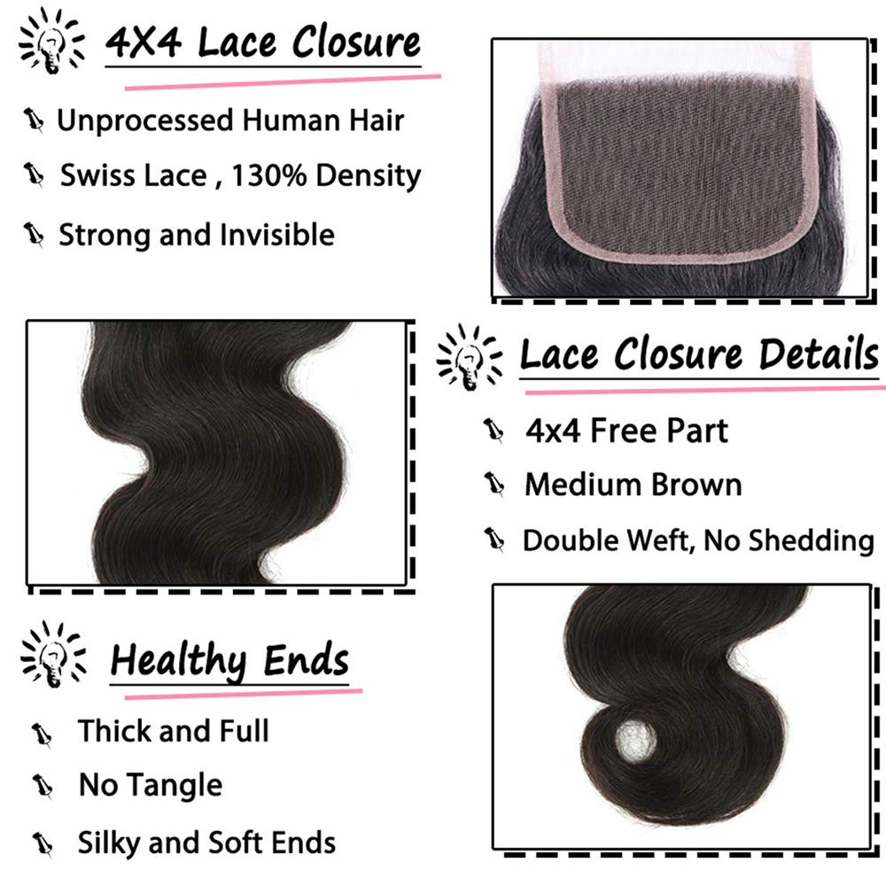 10A Brazilian Body Wave Virgin Hair Weave - 3 Bundles with Lace Closure (10 12 14+10Closure) | Unprocessed 100% Human Hair Extensions | Natural Color | Free Part | For Styling, Volume & Length | Perfect for Daily Wear, Parties & Special Occasions
