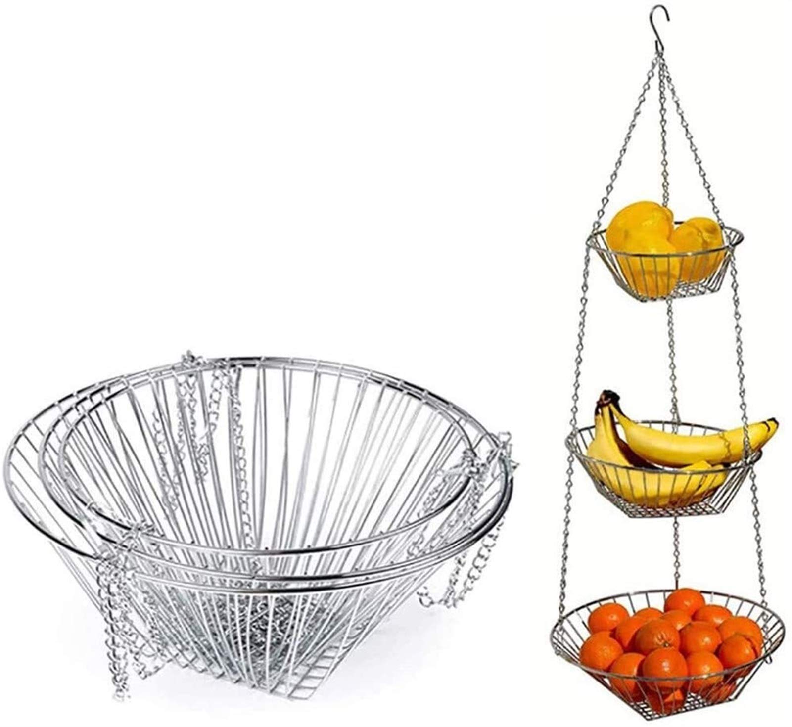 3-Tier Hanging Basket Organizer - Stainless Steel Wire Fruit & Vegetable Storage Basket for Kitchen, Pantry - Space Saving Drain Basket for Fresh Produce, Snacks - Perfect for Small Spaces & Home Organization (Silver)