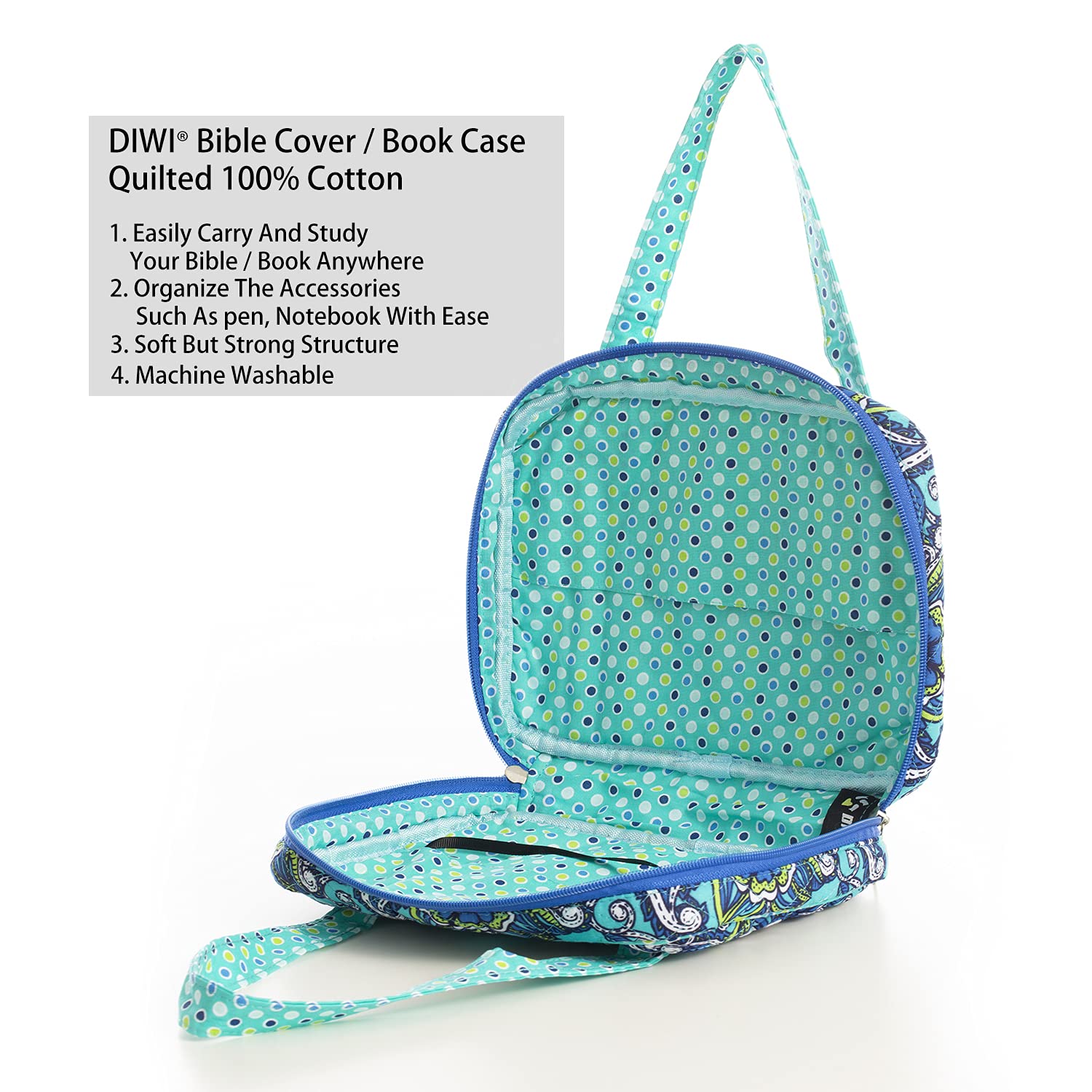 DIWI Quilted Bible Cover Large 10x7x2.75in - Blue Book Case for Church & Travel