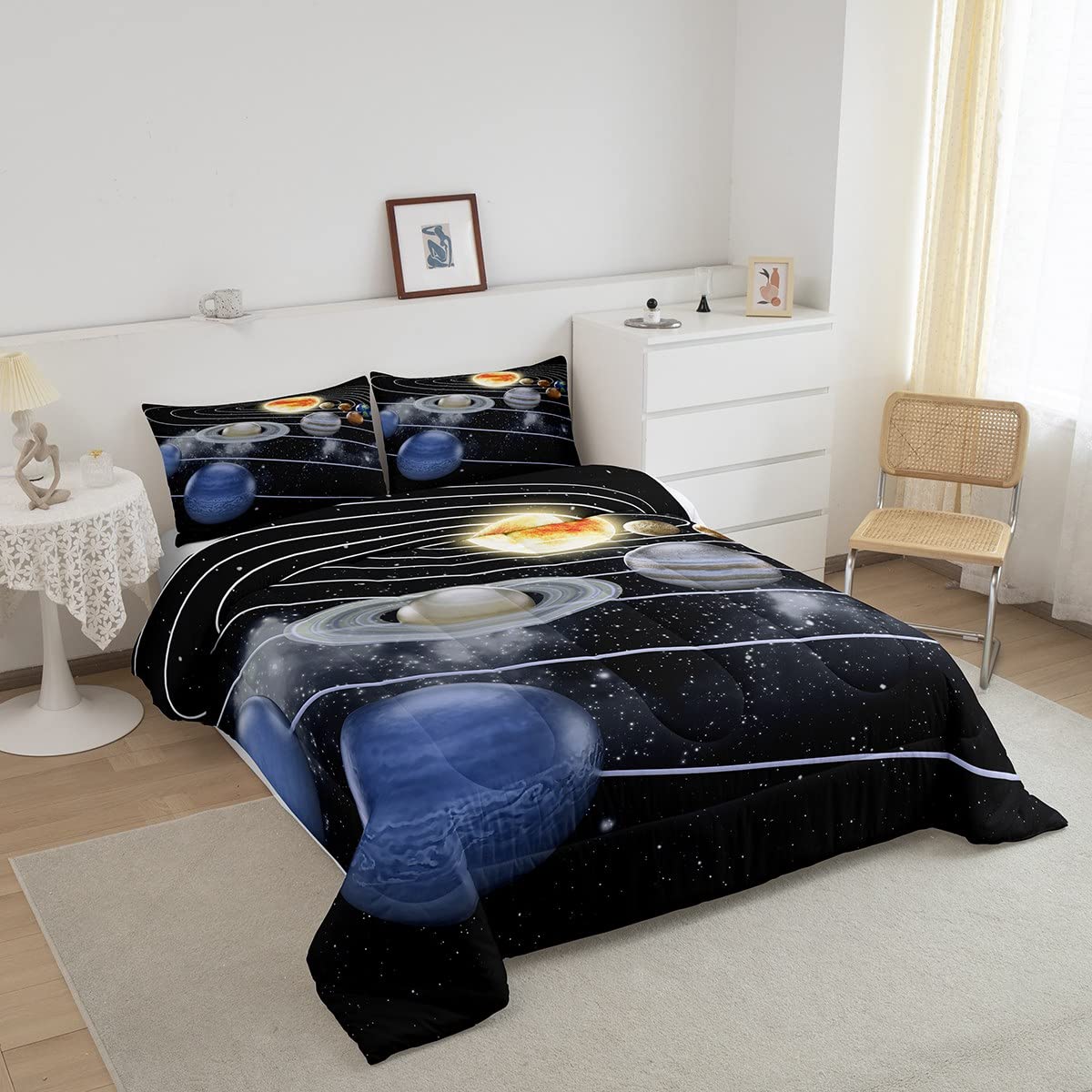 Erosebridal Galaxy Print Queen Size Down Comforter Set - Space Theme Quilted Duvet with 2 Pillowcases for Adults & Teens | Solar System Bedding for Cozy Nights & Starry Sky Decor