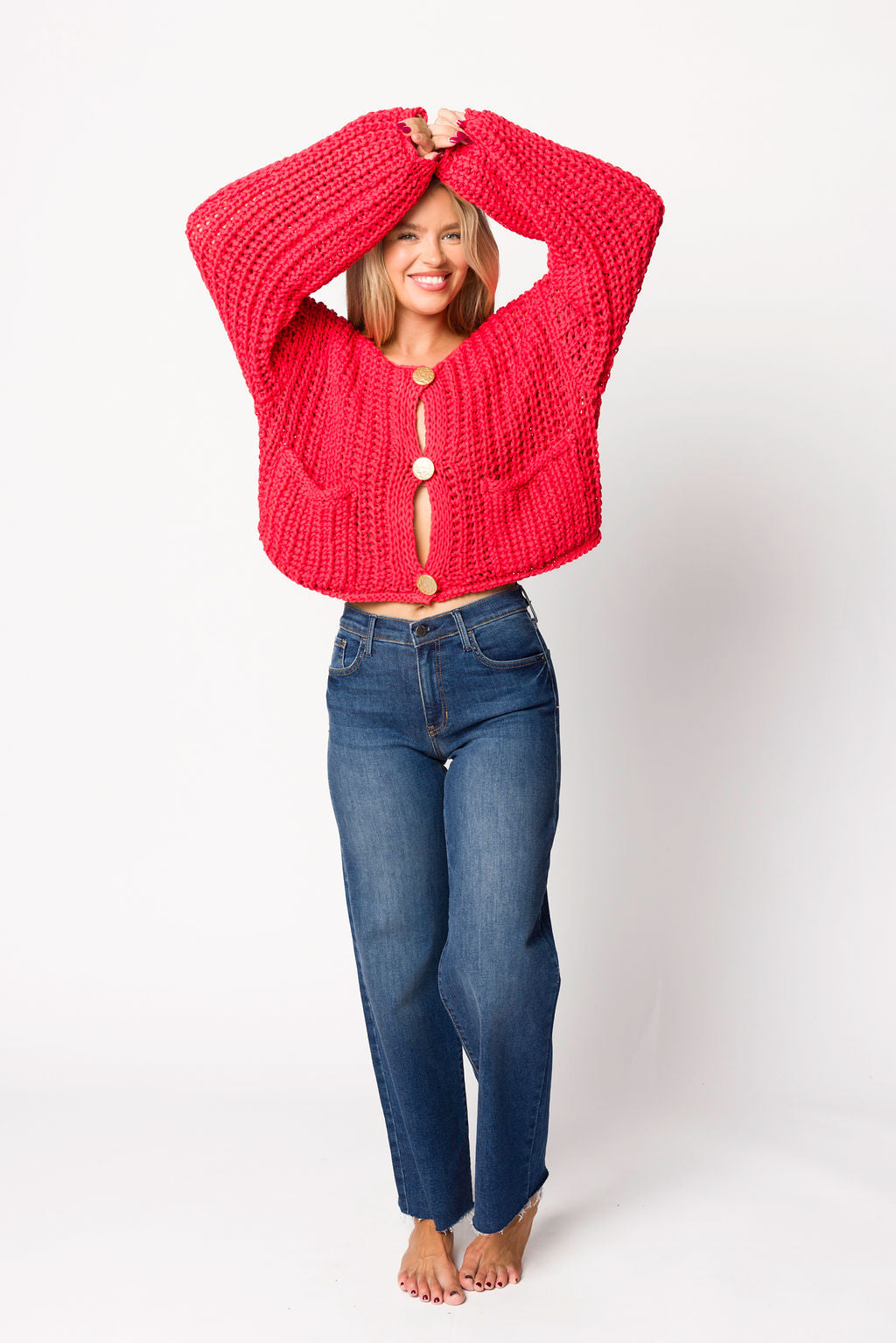 Reina Chunky Knit Cardigan Women's Oversized Red Sweater - Cozy Winter Fashion for Casual Outfits & Loungewear