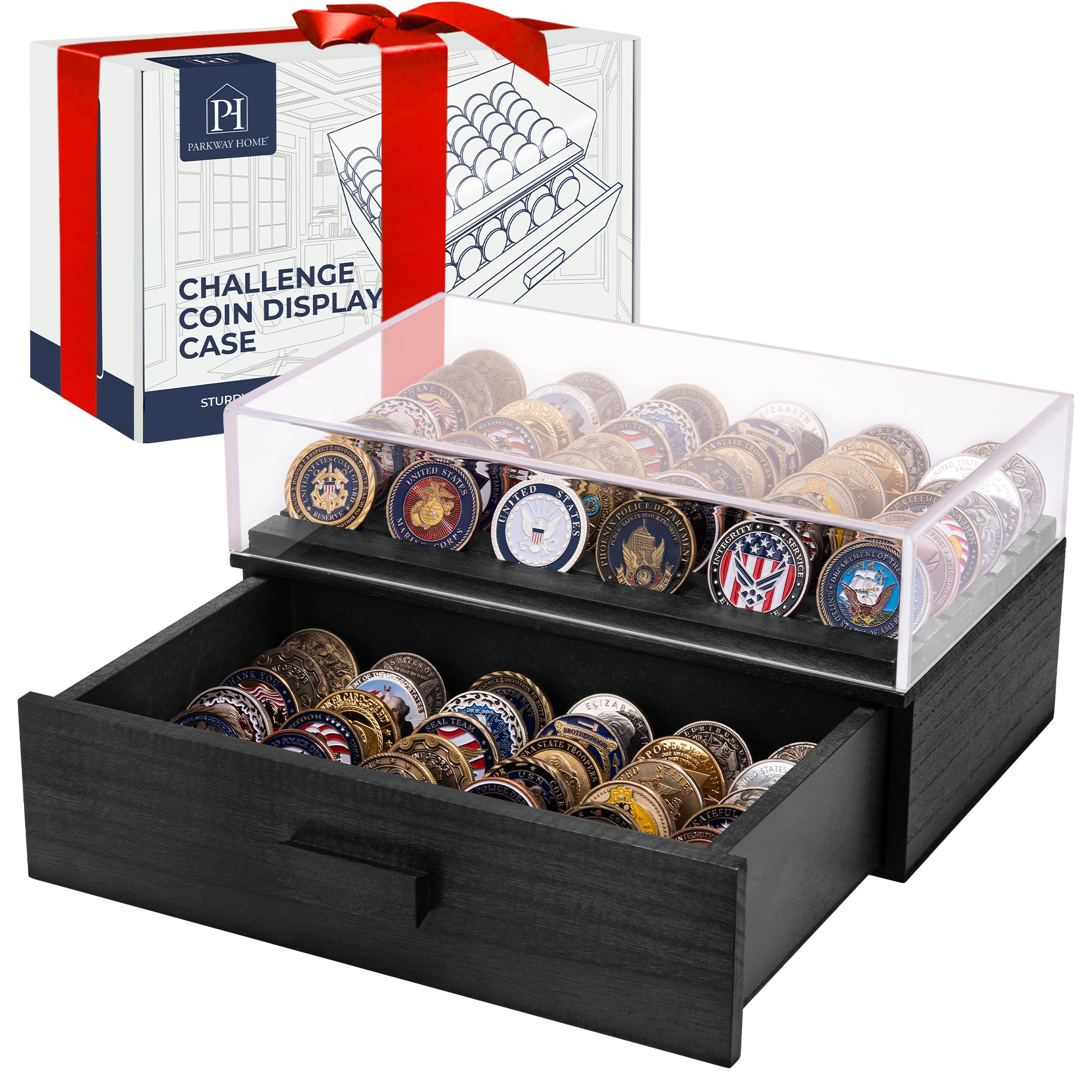Large Black Wooden Challenge Coin Display Case with Clear Cover - Holds 36 Coins on Top & 36 in Drawer - Military, Poker Chip, and Collectible Display Case - Perfect for Home, Office, and Gift Presentations