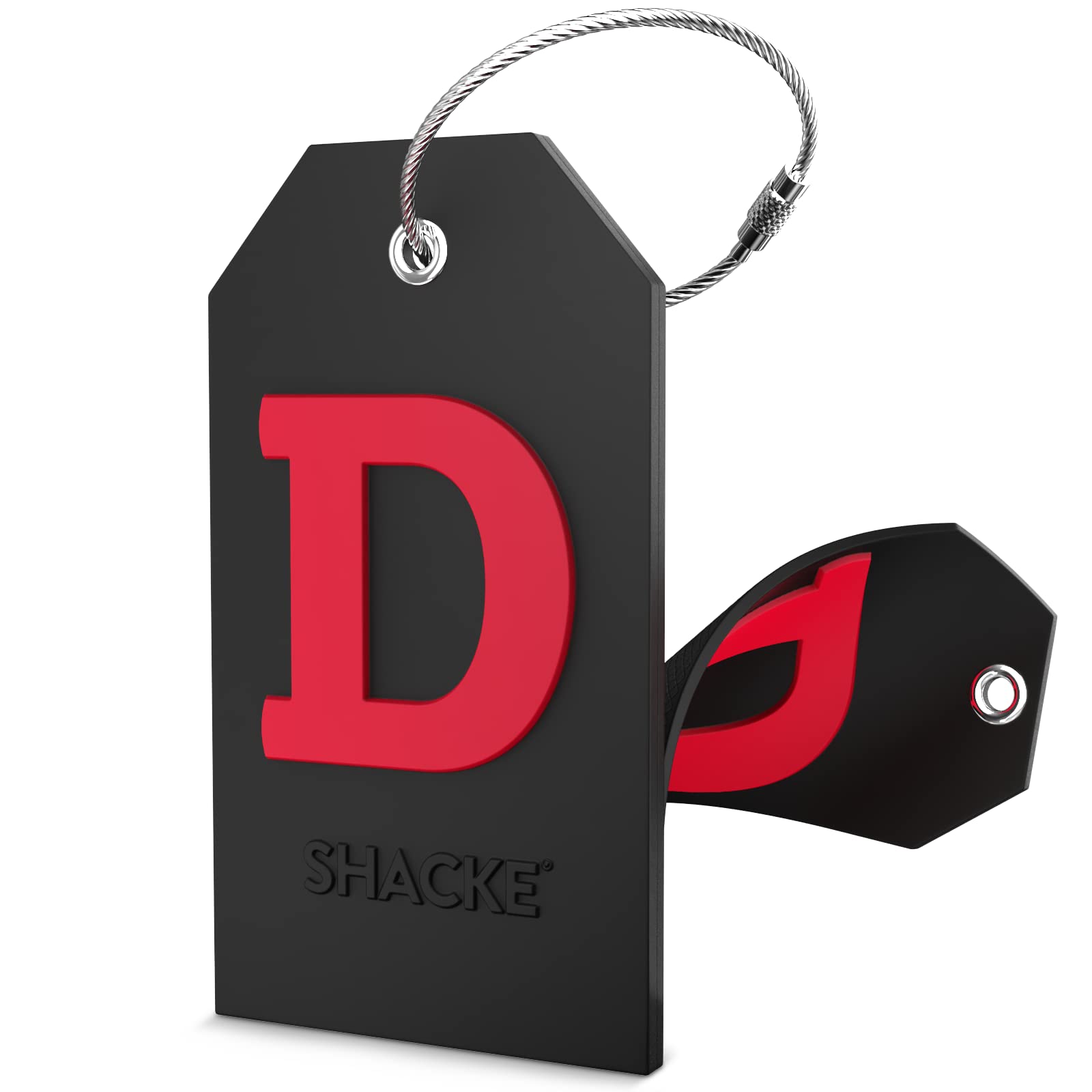 Durable Shacke Initial Luggage Tag with Privacy Cover & Stainless Steel Loop - Black Monogram (Letter D) - Perfect for Travel, Suitcases & Backpack Identification