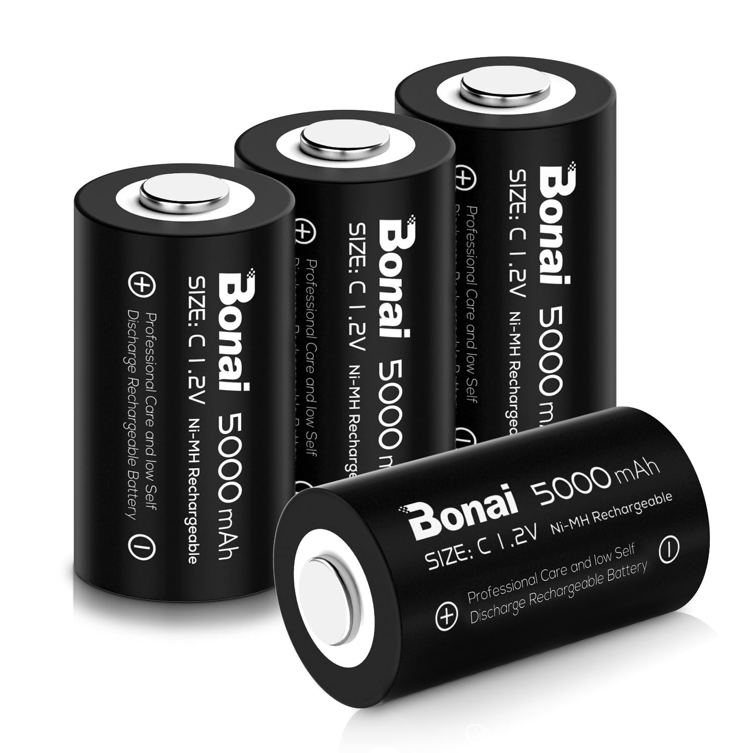 BONAI Rechargeable C Batteries 4-Pack - 5000mAh 1.2V Ni-MH High Capacity C Cell Batteries for Flashlights, Toys, Radios & Emergency Devices - Long Lasting Power Supply