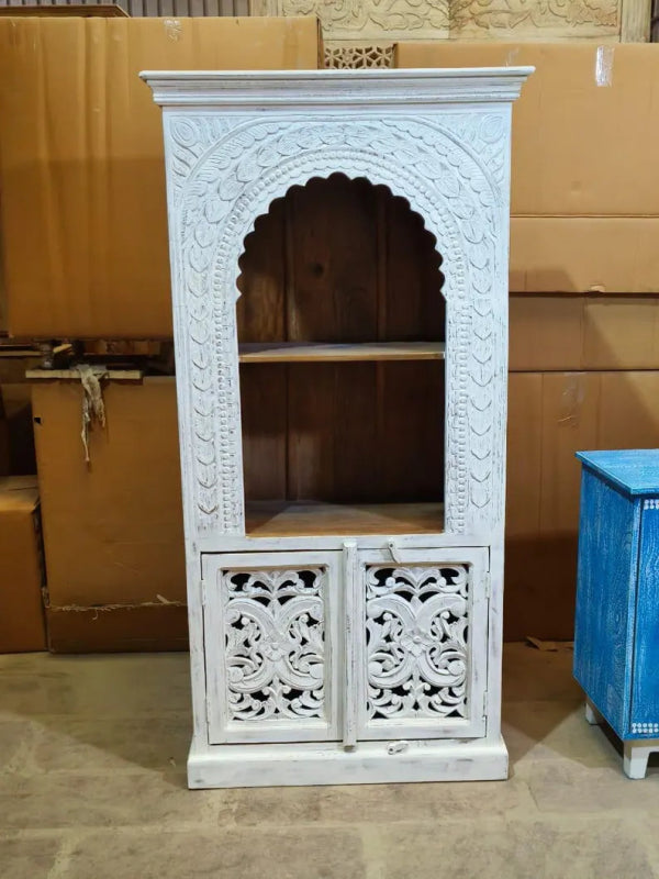 Hand Carved Solid Wooden Bookshelf with Two Doors - White Finish | Rustic Home Office Storage & Living Room Decor for Books & Display Items