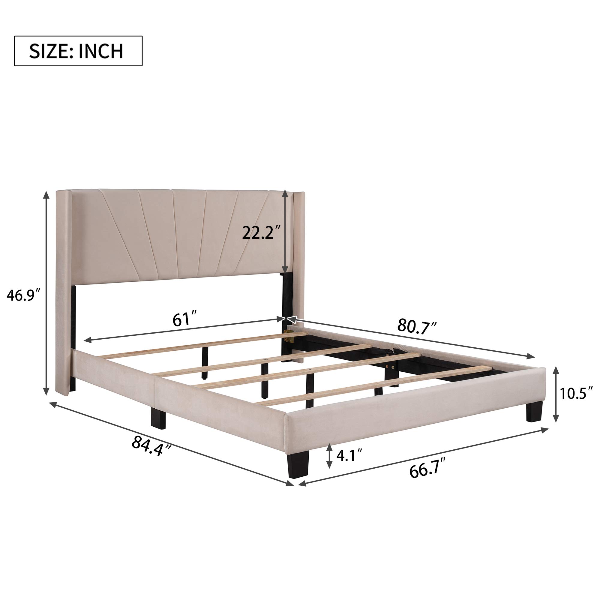 SSLine Queen Size Bed Frame - Beige Velvet Upholstered Platform Bed with Wood Slats & Modern Headboard | Sturdy Support, Easy Assembly | Perfect for Master Bedroom, Guest Room & Small Spaces (Queen, Beige Velvet)