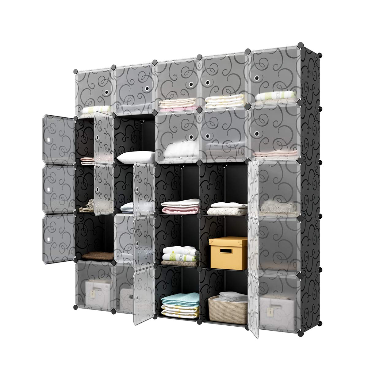KOUSI 14x14 Inch Portable Cube Storage Organizer - 5x5 Cube Shelves for Clothes, Toys & Home Organization | Durable Plastic Dresser Storage Bins | Space-Saving Furniture for Bedroom, Closet & Kids Room (Black)