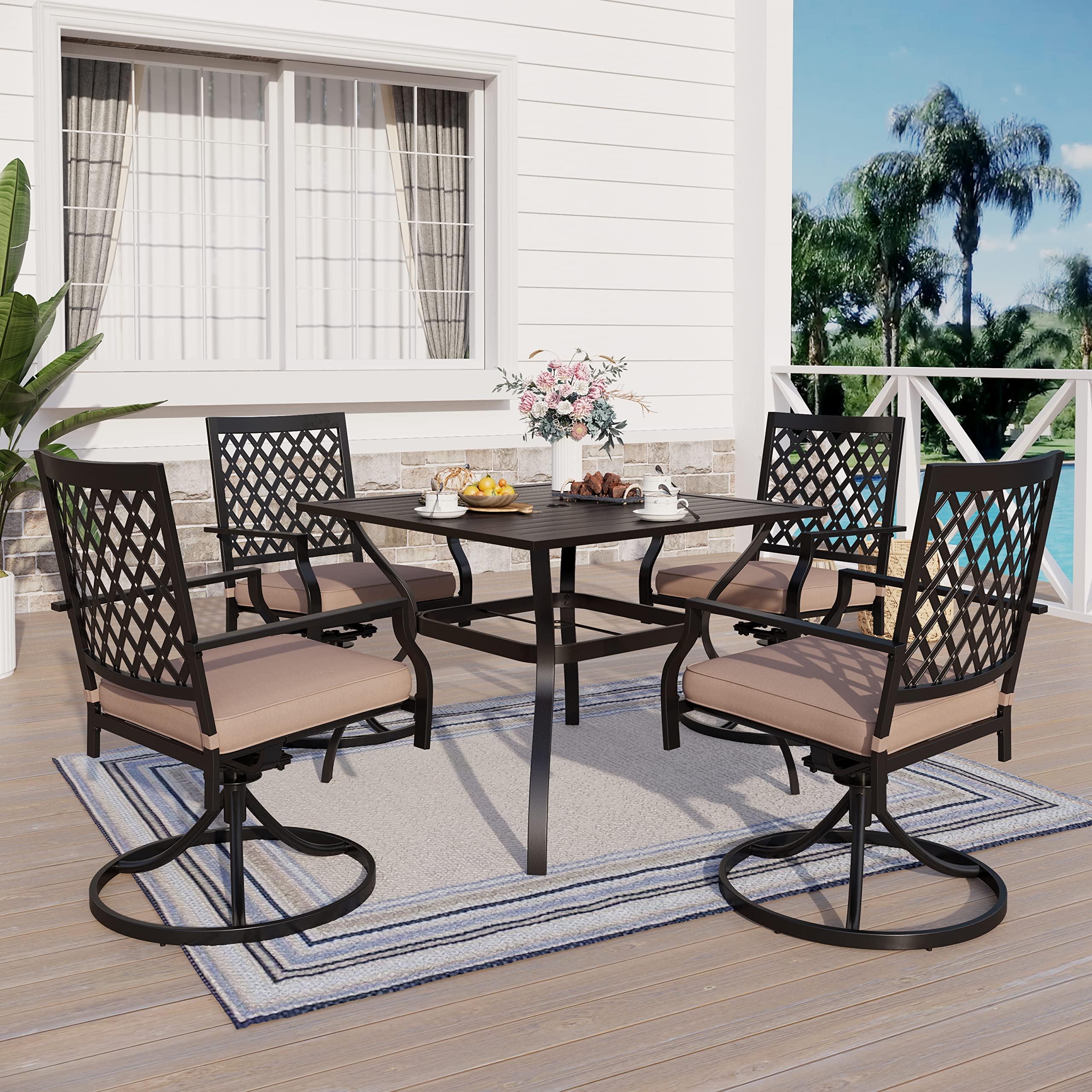 PHI VILLA 5-Piece Outdoor Patio Dining Set with 4 Swivel Chairs & 37