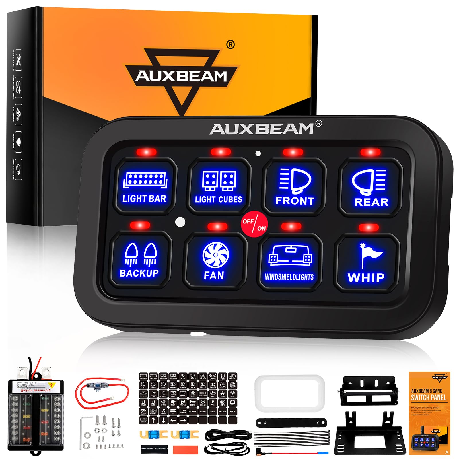**Auxbeam 8 Gang Switch Panel BB80 - Universal Circuit Control Relay System with Auto Dimmable LED Touch Switch for Car, Truck, Boat, ATV & UTV - Blue (2-Year Warranty) - Perfect for Off-Roading, Marine & RV Upgrades**