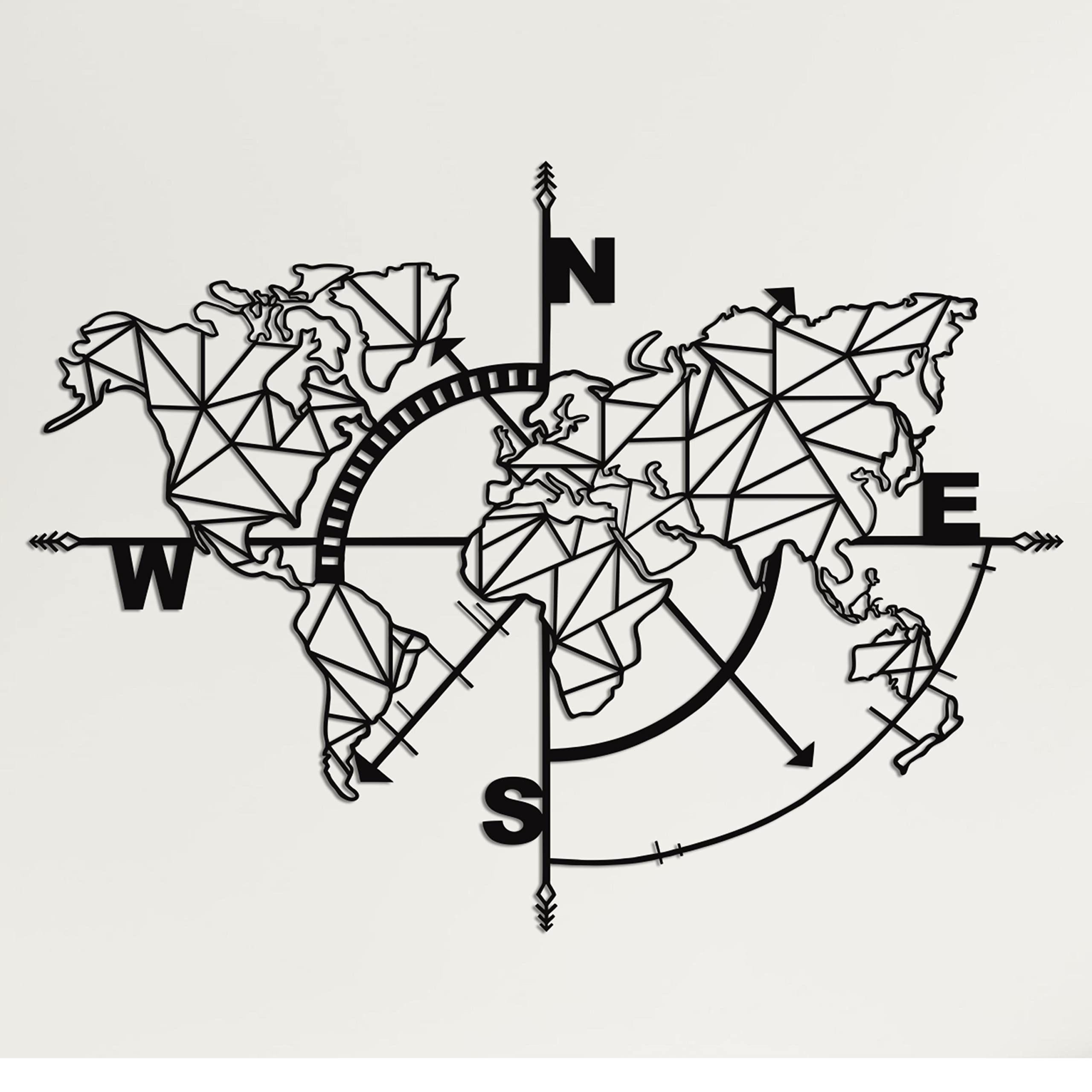 DEKADRON Modern Metal World Map Wall Art with Geometric Compass - Black 55