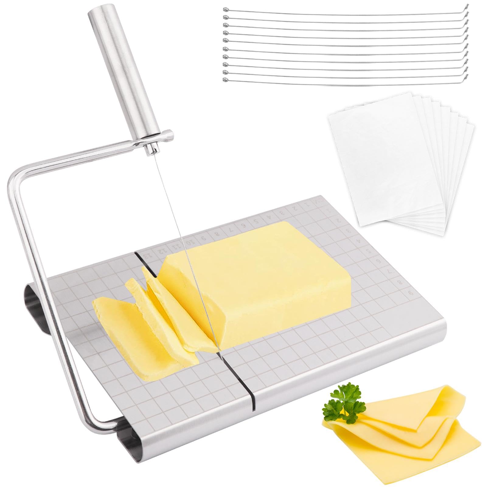 Premium Stainless Steel Cheese Slicer with 10 Wires & 25 Baking Oil Papers - Heavy Duty Adjustable Cheese Cutter Board for Block Cheese - Perfect for Home Kitchens, Delis, and Cheese Platter Preparation