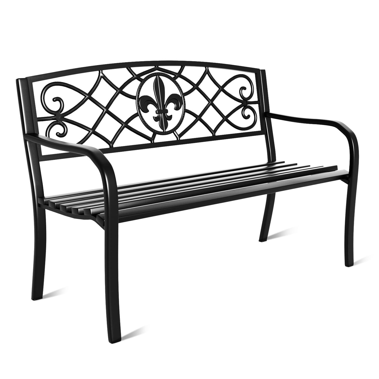 Outdoor Metal Bench with Backrest & Armrests - Classic Wrought Iron Garden Bench for Patio, Porch, Park & Yard - Perfect for Relaxing in Gardens, Decks & Outdoor Spaces