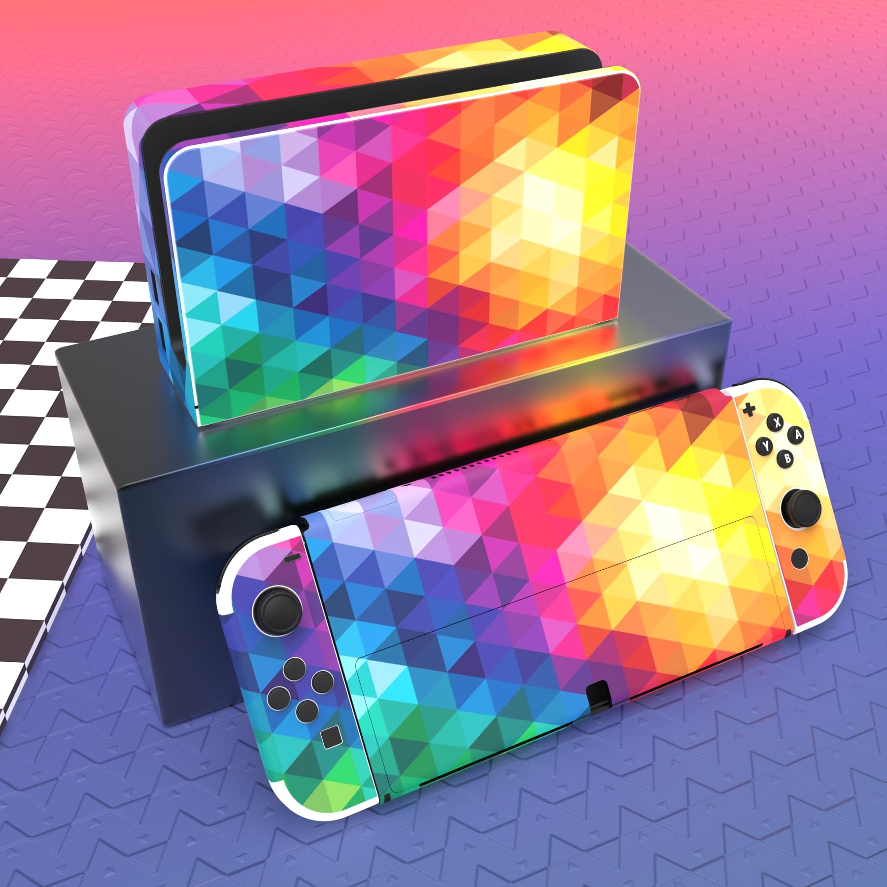 PlayVital Full Set Protective Stickers for Nintendo Switch OLED Model - Custom Vinyl Decal Skins for Switch OLED Console, Joycon, Dock & Grip - Colorful Triangle Design - Perfect for Gaming Protection and Personalization