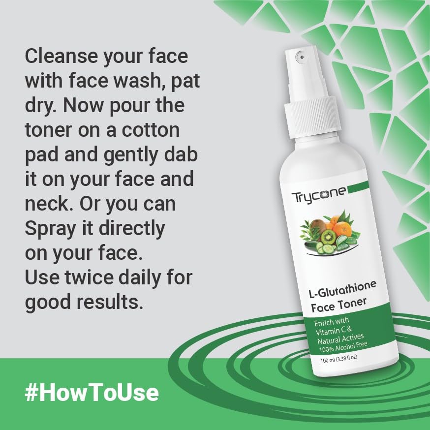 Trycone L Glutathione & Vitamin C Face Toner for Glowing Skin - Green Tea & Natural Extracts, Alcohol-Free 100ml | Brightening, Hydrating & Anti-Aging | Perfect for Daily Skincare Routine & Nighttime Regimen
