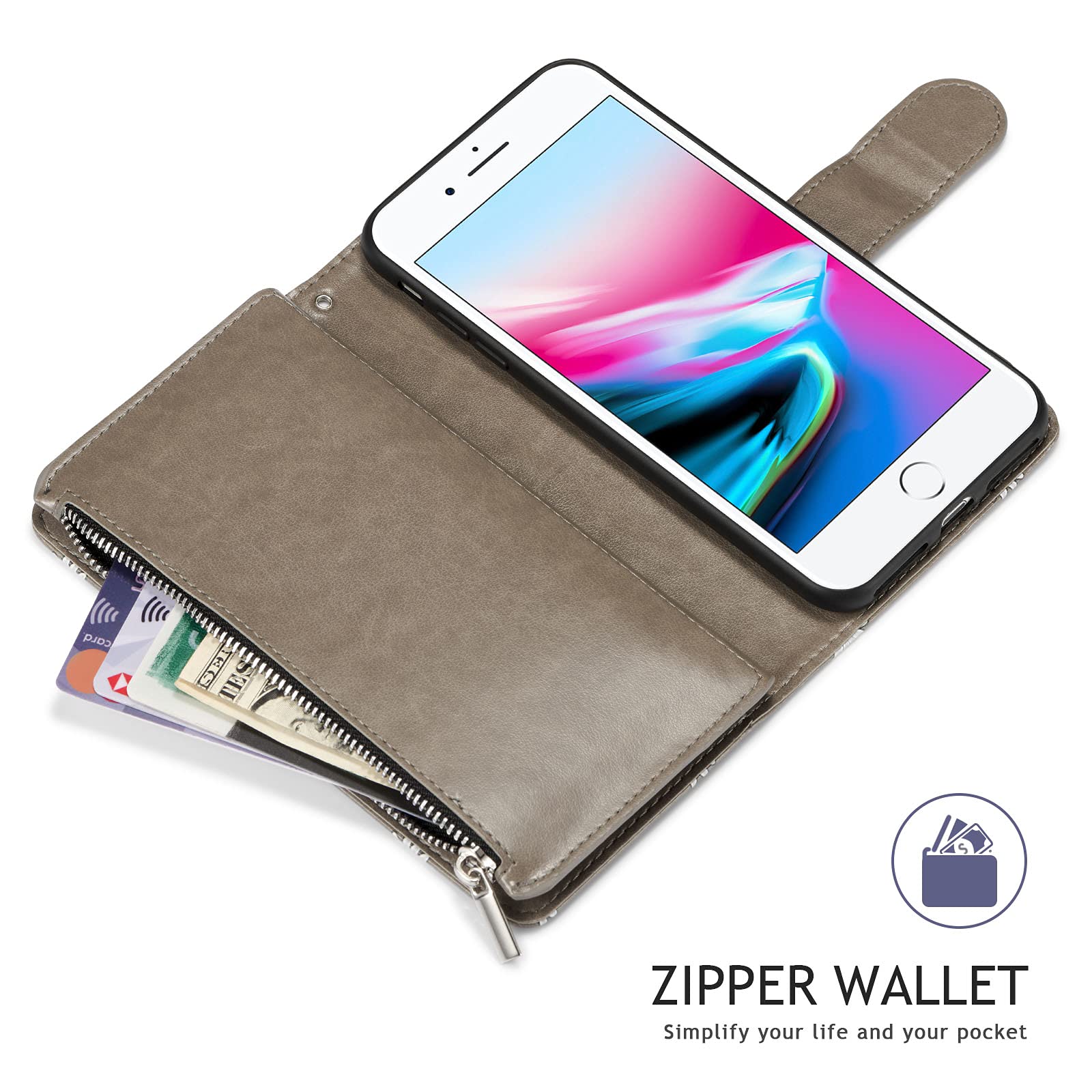 Premium PU Leather Magnetic Wallet Case for iPhone SE 2022/SE3/iPhone 7/iPhone 8/iPhone SE 2020 - Daisy Grey with Card Slots & Kickstand | Slim Protective Flip Cover for Everyday Use, Travel & Business
