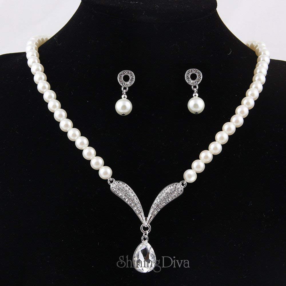 Shining Diva Fashion Crystal Pearl Necklace Set with Matching Earrings - Elegant Jewelry Gift for Women & Girls (White) | Perfect for Weddings, Parties & Special Occasions (rrsd8494s)