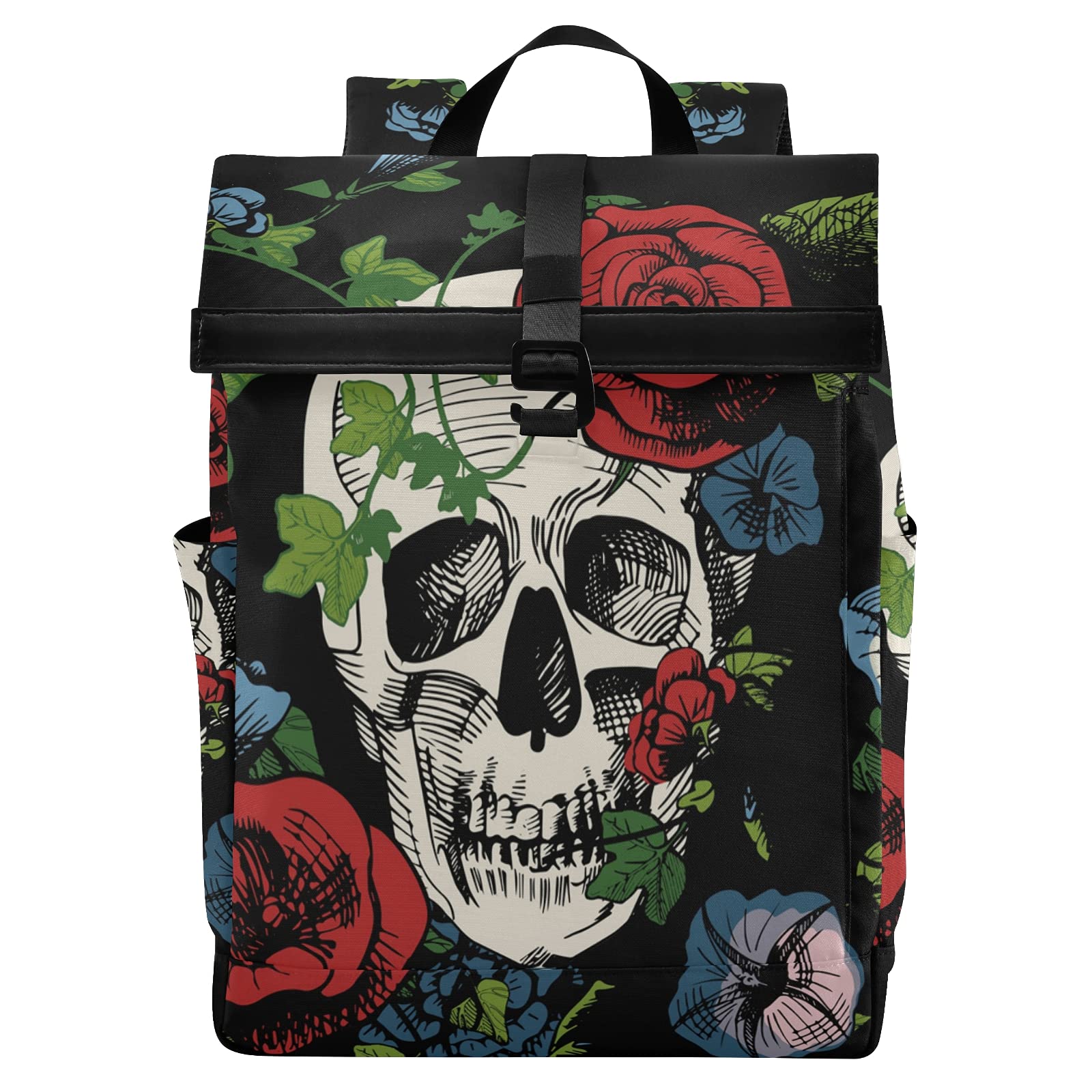 ALAZA Waterproof Anti-Theft Roll Top Laptop Backpack for Women & Men - Skull Roses & Leaves Design, Fits 13-17.3 Inch Laptops - Perfect for College, Travel & Daily Commute