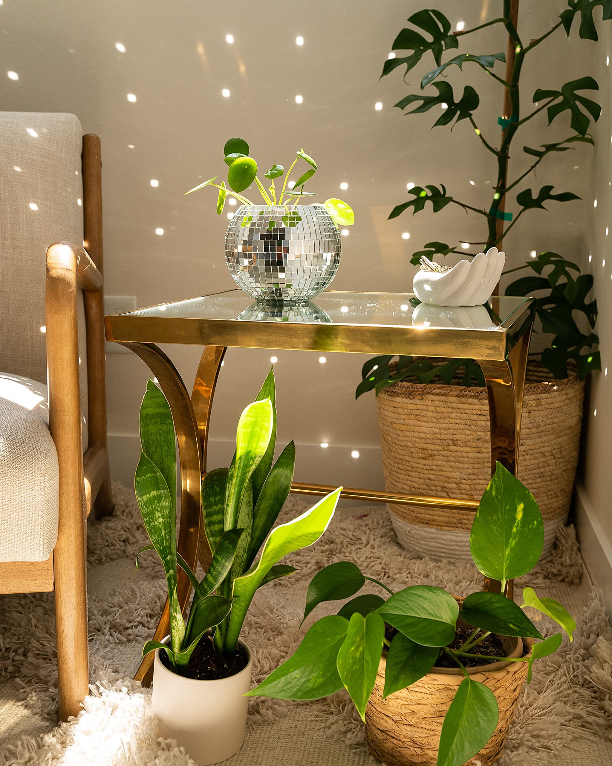 8 Inch Hanging Disco Ball Planter with Acrylic Stand & Macrame Hanger - Modern Home Decor for Living Room, Bedroom, Office - Perfect for Plants, Succulents, or Decorative Display (Includes 6