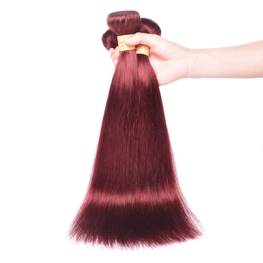 WOME Light Wine Red Hair Extensions - 3 Bundles Peruvian Virgin Human Hair #33 Silky Straight Wefts (12