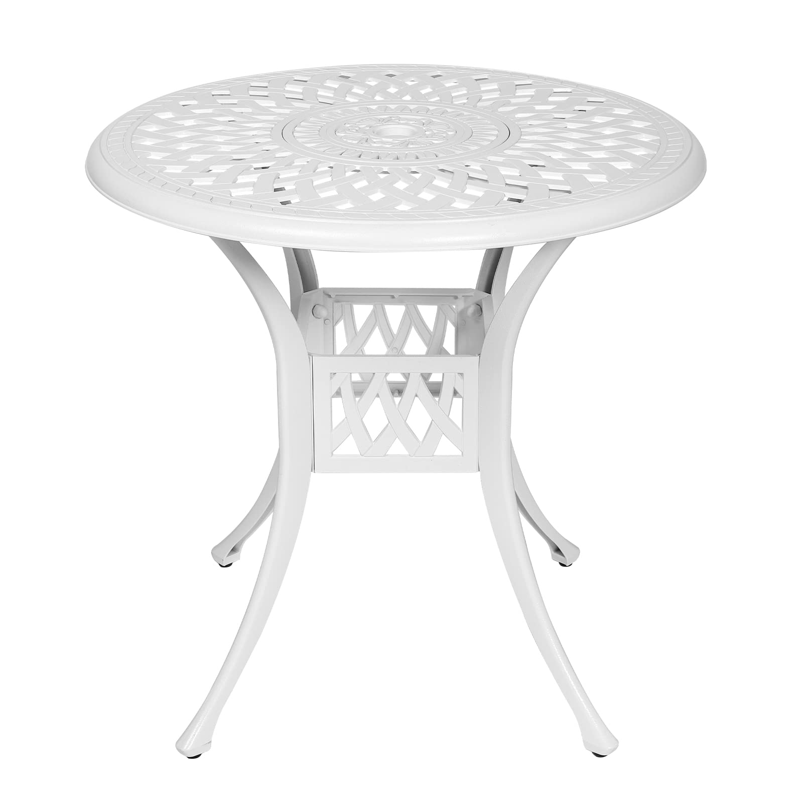 MEETWARM 31 Inch Round Outdoor Bistro Table - White Cast Aluminum Patio Dining Table with 2 Inch Umbrella Hole | Perfect for Small Balcony, Garden, Poolside & Backyard Dining