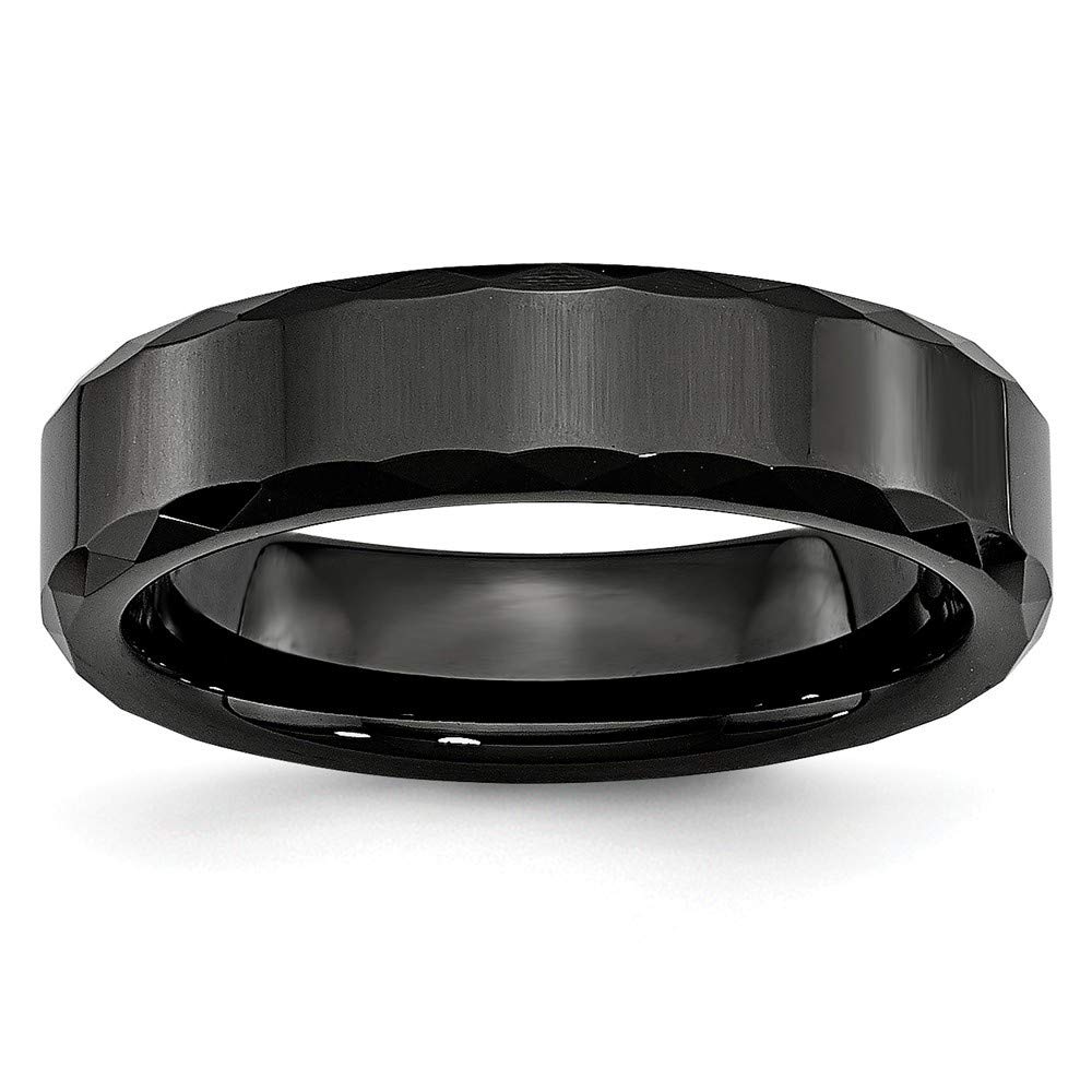 Elegant Engravable Ceramic Beveled Edge Black Faceted Band Ring for Women - Polished 6mm Jewelry Gift (Sizes 6-13) - Perfect for Weddings, Anniversaries & Everyday Wear