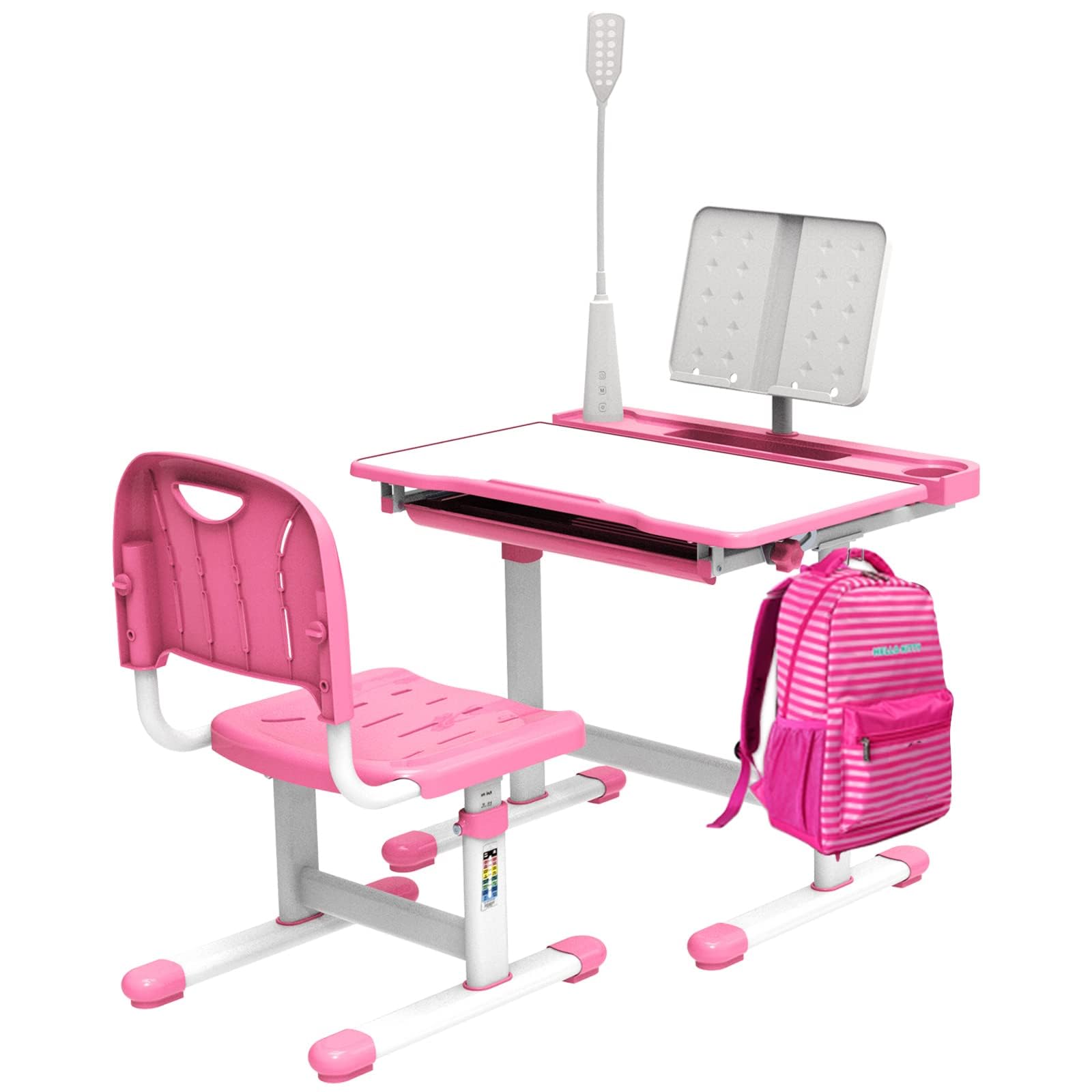 BELANITAS Kids Study Desk and Chair Set - Adjustable 40° Tilt Desktop with LED Light, Ergonomic Children's Writing Table for Ages 5-8 (Pink) - Perfect for Homeschooling, Online Learning & Birthday Gifts