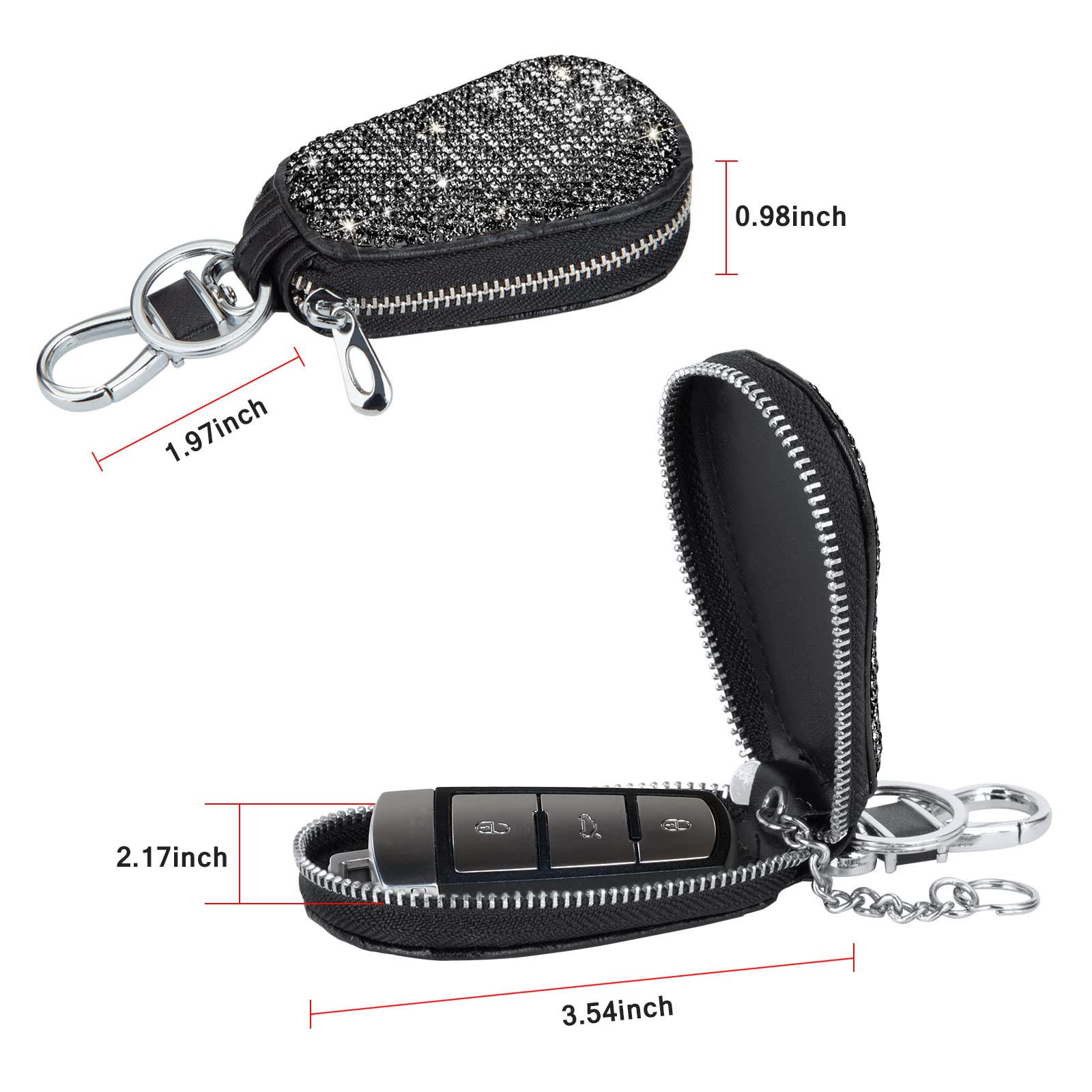 Premium Genuine Leather Car Key Chain Case with Zipper & Metal Hook - Remote Key Holder Wallet for Smart Keys - Black | Perfect for Key Organization & Vehicle Accessories