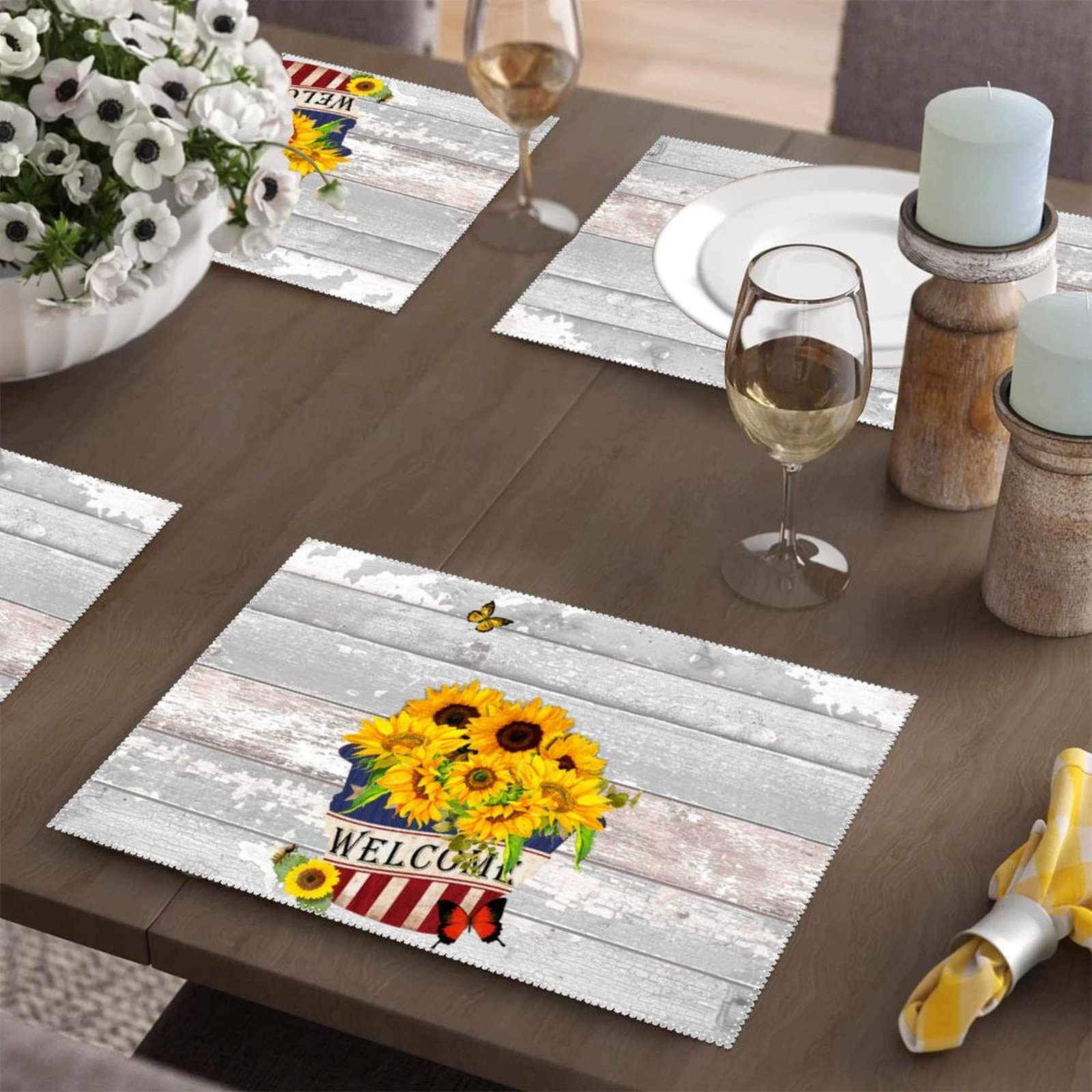 American Sunflowers Patriotic Welcome Place Mats Set of 4 - USA Flag Themed Heat Resistant Table Mats for Memorial Day Decorations, Dining Table Centerpiece with Flowers & Butterflies Design - Perfect for 4th of July BBQs, Family Gatherings & Patriotic Home Decor