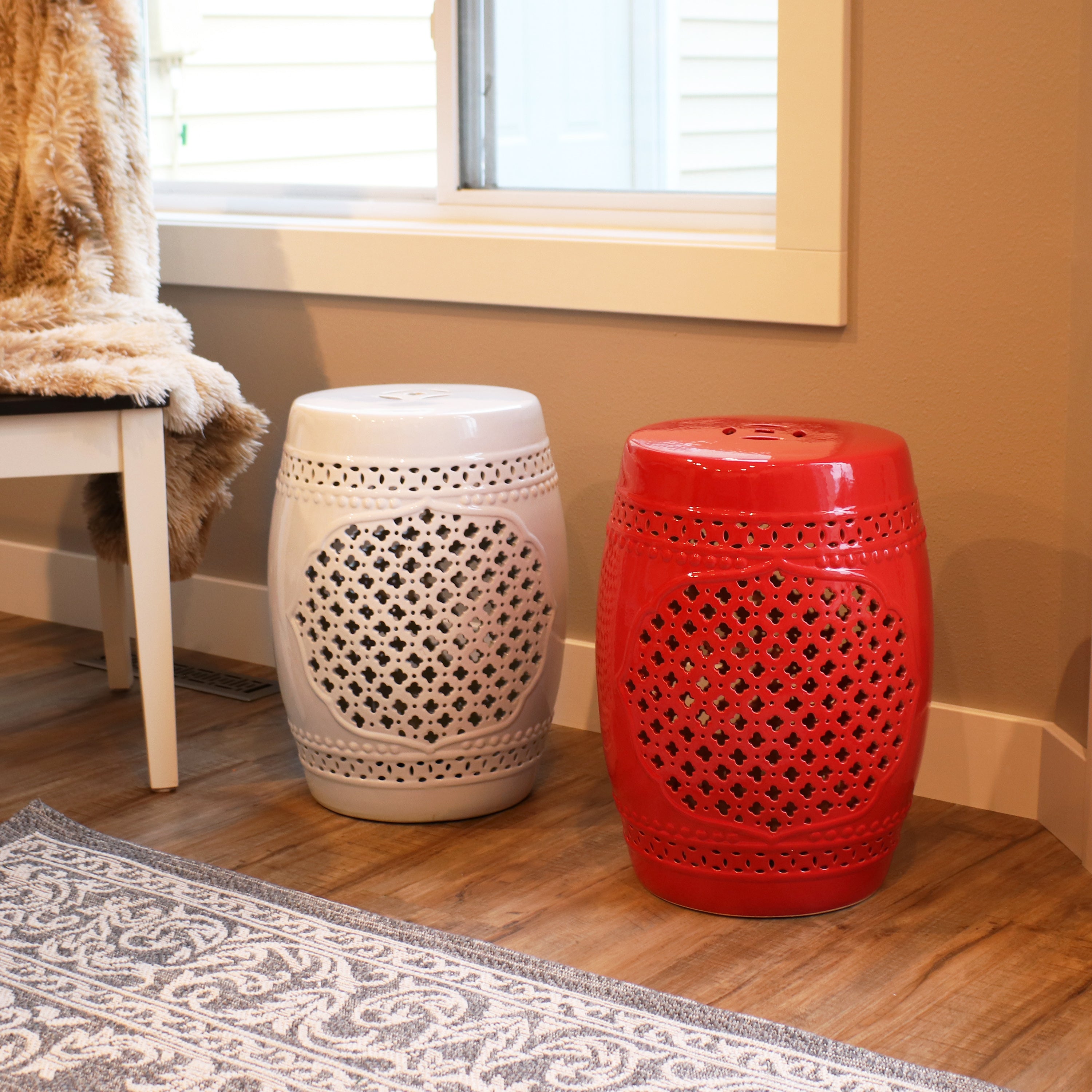 Sunnydaze Marrakesh Lattice Ceramic Garden Stool Side Table - 17.75 Inch Outdoor Patio Furniture, Boho Decor for Porch, Poolside, or Living Room Accent