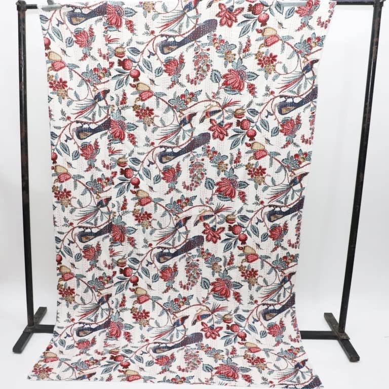 YUVANCRAFTS Indian Handmade Floral Print Kantha Quilt - Queen Size Cotton Bedspread, Lightweight Blanket & Throw Cover (White) | Boho Chic Bedroom Decor, Cozy Living Room Accent, Perfect Gift for Housewarming