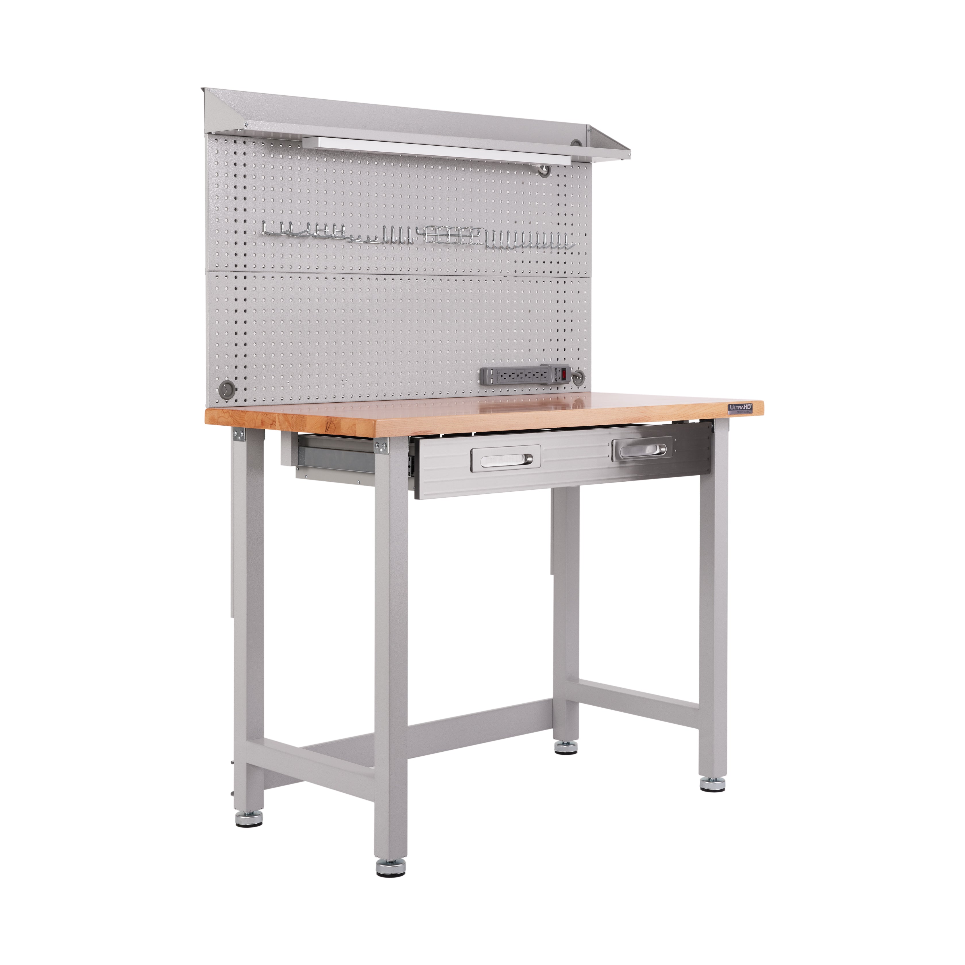 UltraHD® Lighted Workbench with Wooden Top & Pegboard - Perfect for DIY Projects, Home Workshops, and Garage Organization