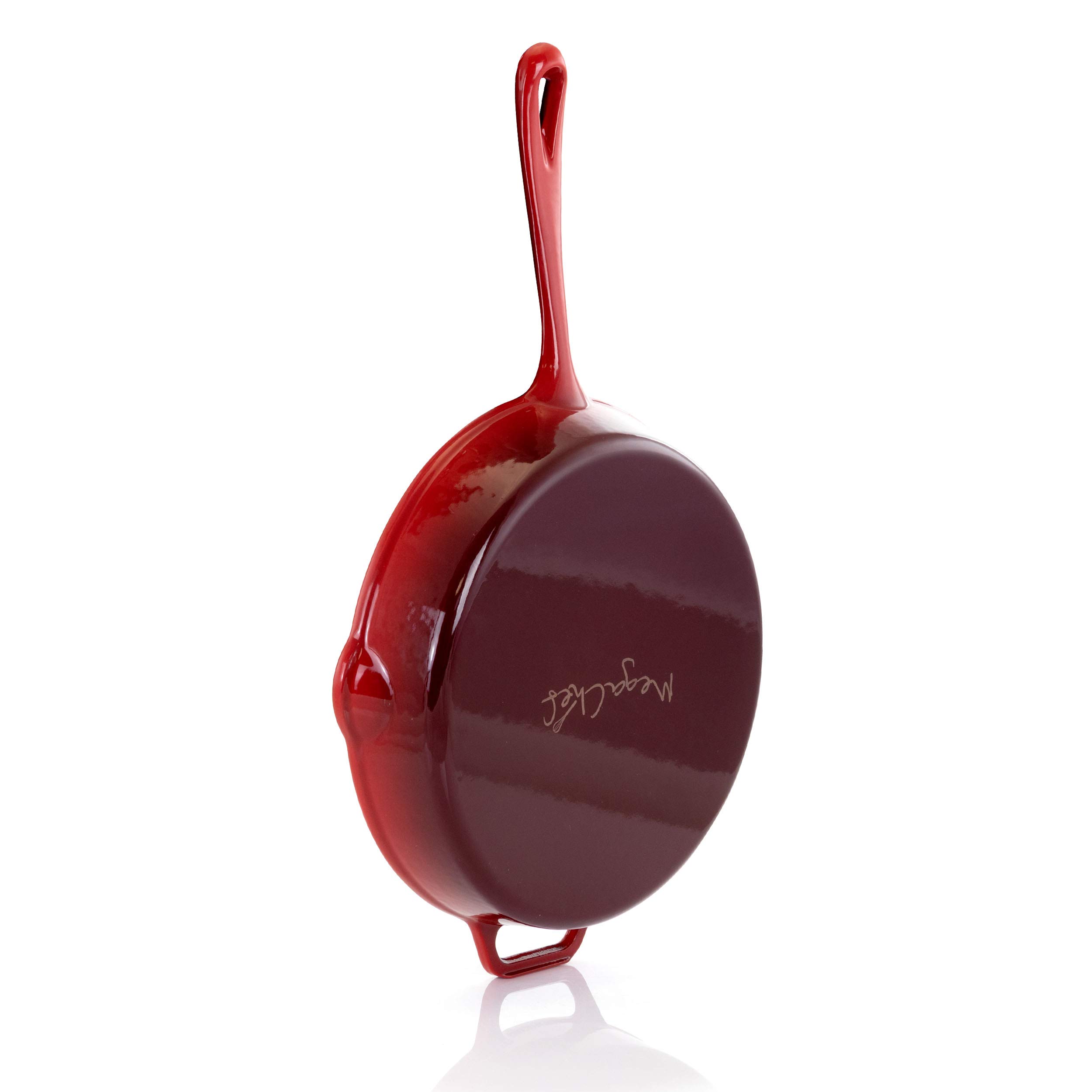 Megachef 10.25 Inch Red Enamel Cast Iron Skillet - Pre-Seasoned, Oven & Stovetop Safe for Searing, Baking & Frying - Perfect for Steaks, Pancakes & Dutch Oven Cooking
