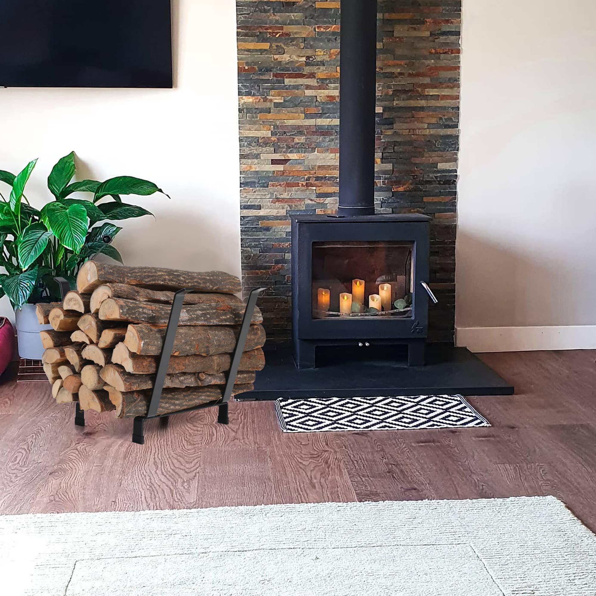 GREEN PARTY 20 Inch Firewood Rack - Heavy Duty Indoor/Outdoor Log Holder for Fireplace, Wood Stove & Kindling Storage (Black) - Perfect for Patio, Deck, Backyard & Cabin Firewood Organization
