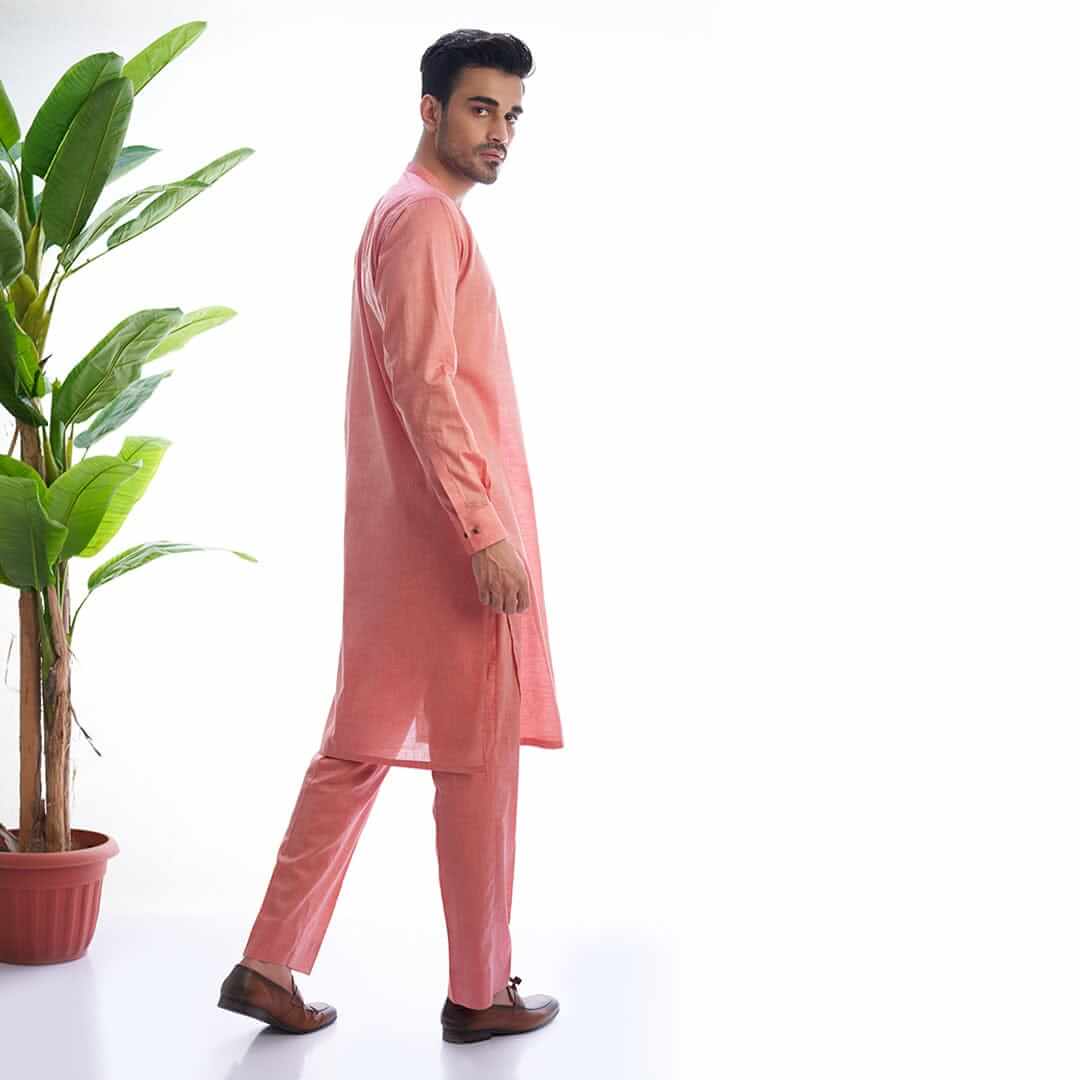 Stylish Coral Cotton Viscose Kurta & Drawstring Pants Set - Comfortable Women's Ethnic Wear for Eid, Parties & Festivals