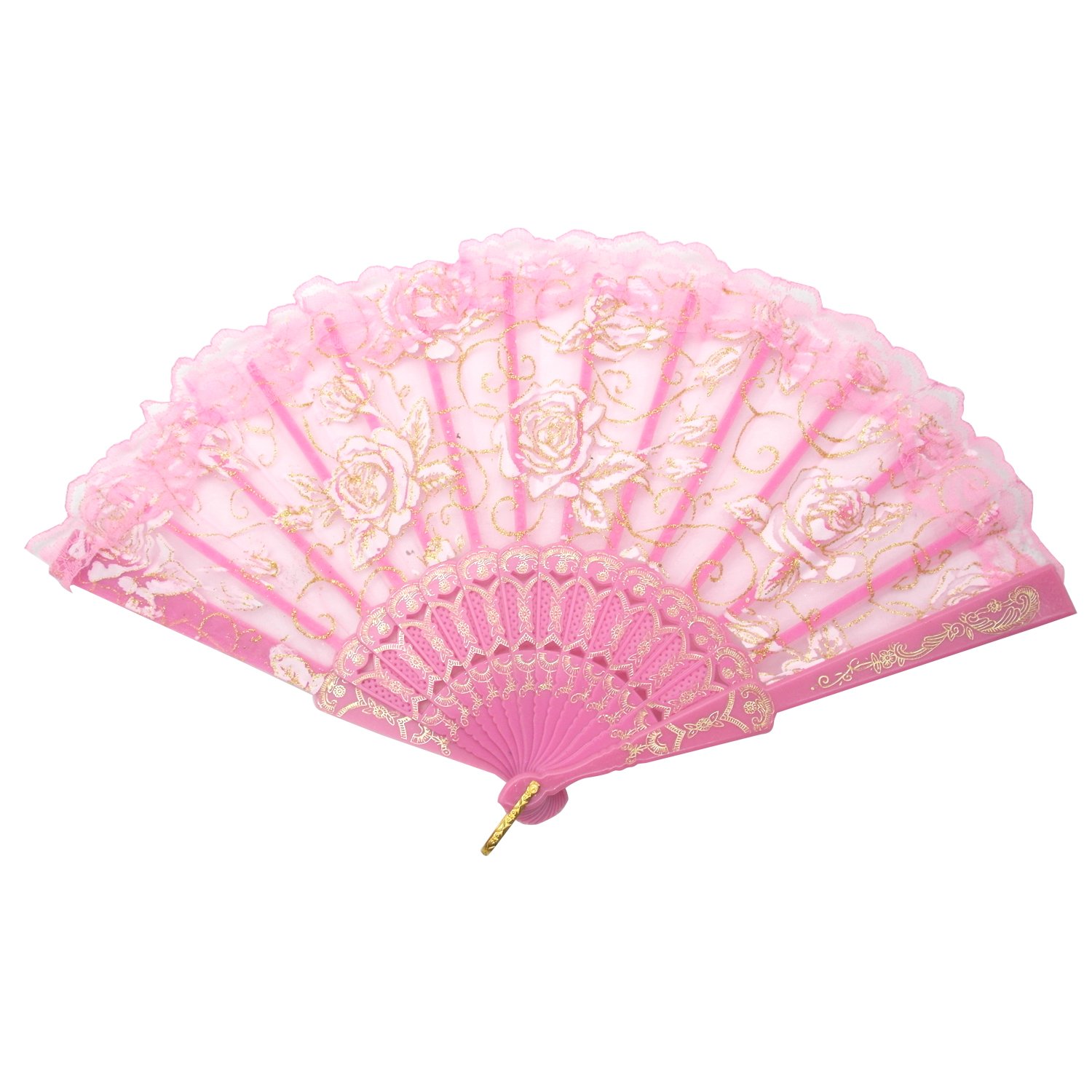 TRENDBOX Rose Lace Handheld Folding Fan - Elegant Chinese Style Dance Fan for Women, Ballroom Dancing, Weddings & Costume Parties - Rose Pink | Perfect for Salsa, Flamenco, Belly Dance & Vintage Photoshoots