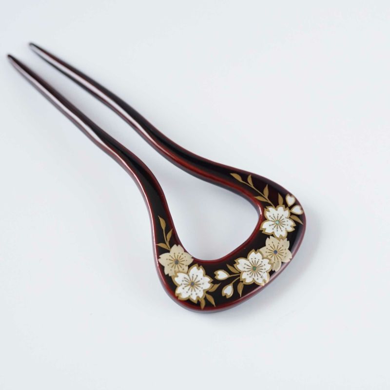 Handmade Japanese Kanzashi Hairpin - Pure Gold Maki-e Urushi Lacquer & Raden Mother of Pearl Inlay Cherry Blossom Design, Deep Dark Brown - Traditional Kyoto Hair Ornament for Weddings, Tea Ceremonies & Kimono Styling